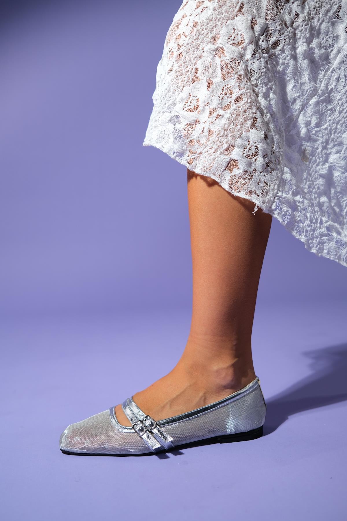 Ashley - Silver Mesh Ballet Flat – detail view showing leather, mesh, silver, Vowalisse