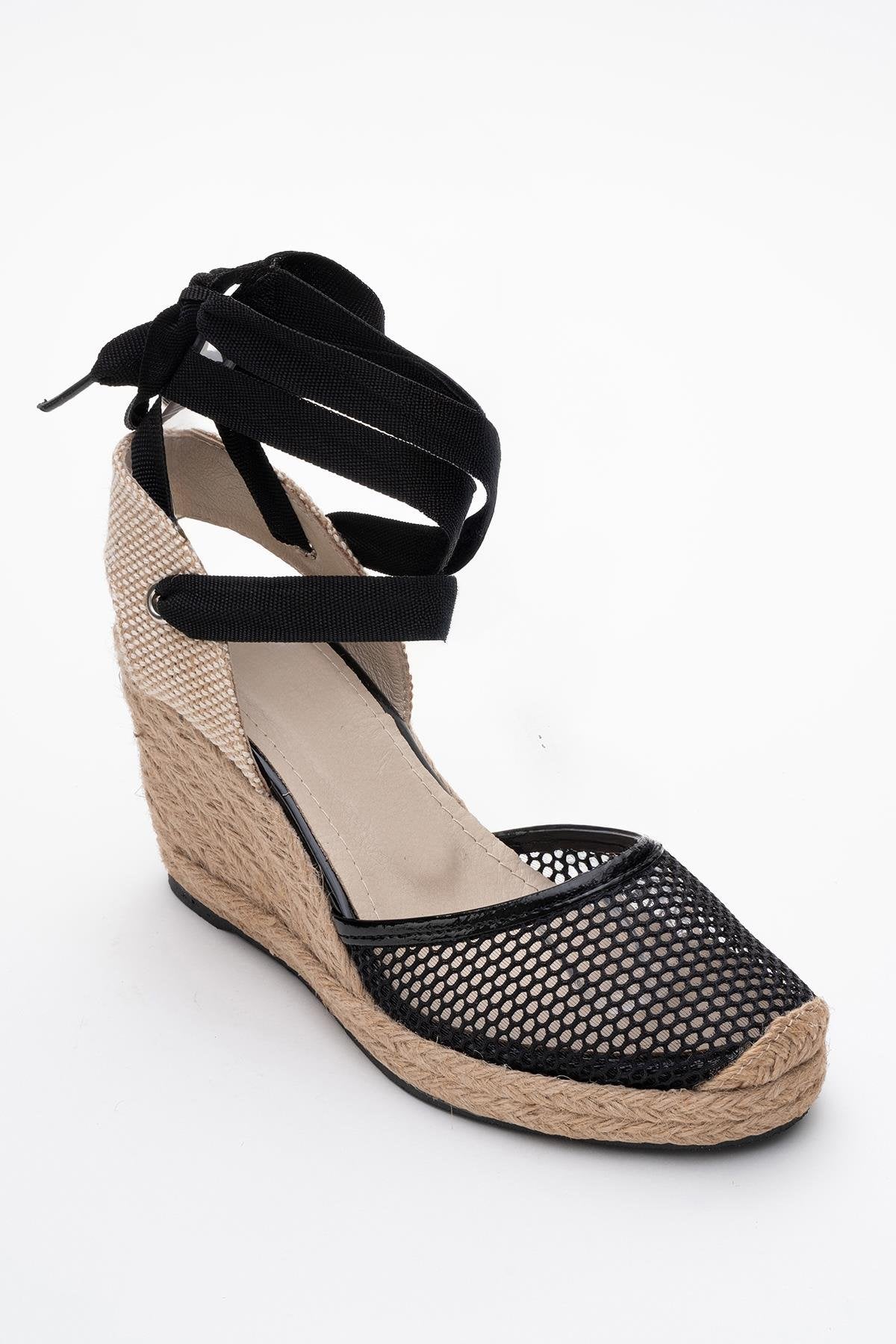 Lions - Black Mesh Leather Wedge Espadrilles Sandal – detail view showing leather, mesh, black, Vowalisse