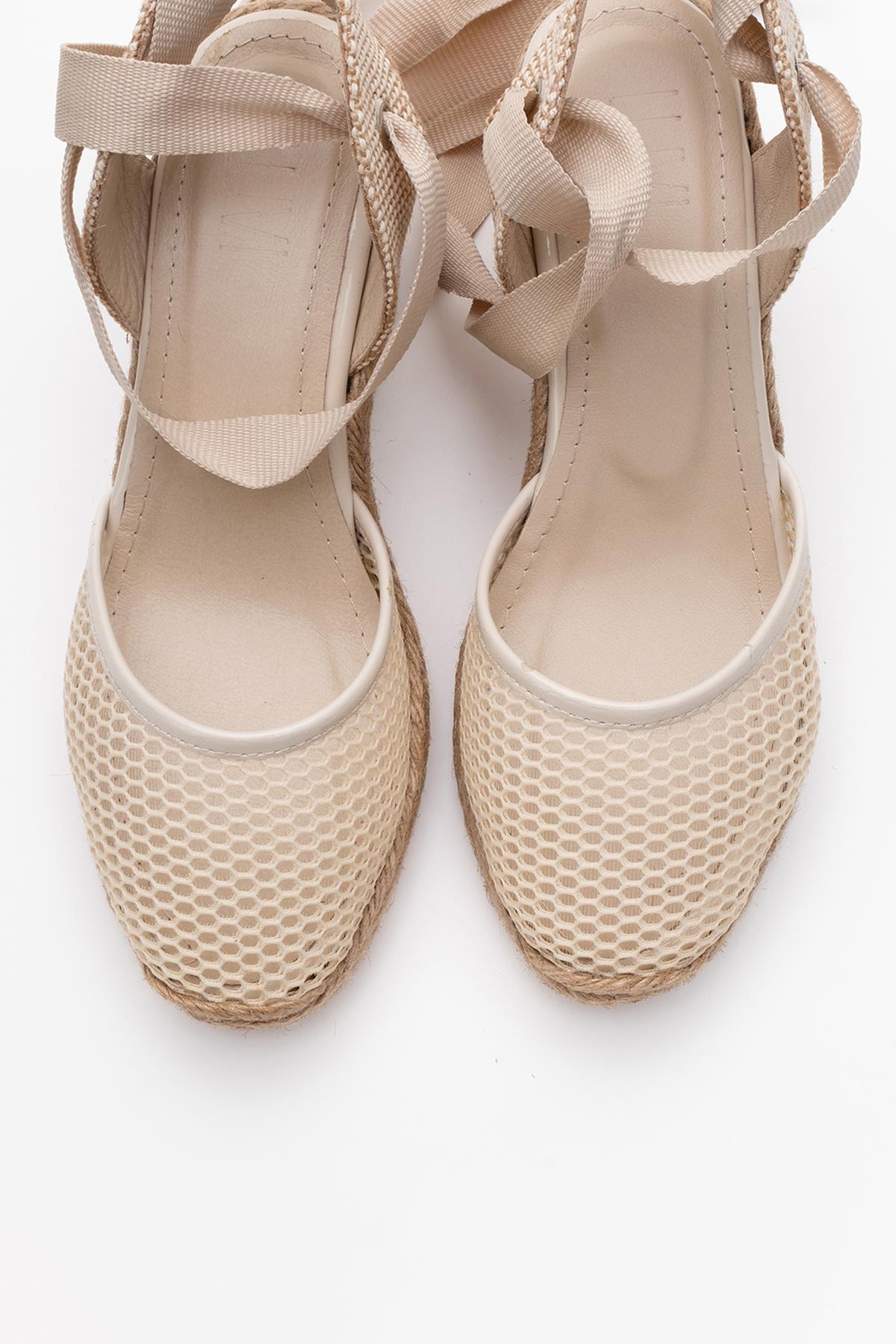 Lions - Beige Mesh Leather Wedge Espadrilles Sandal – side view showing leather, mesh, Vowalisse