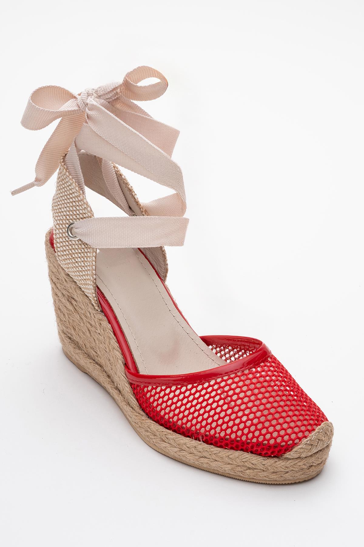 Lions - Red Mesh Leather Wedge Espadrilles Sandal – heel view showing leather, mesh, red, Vowalisse