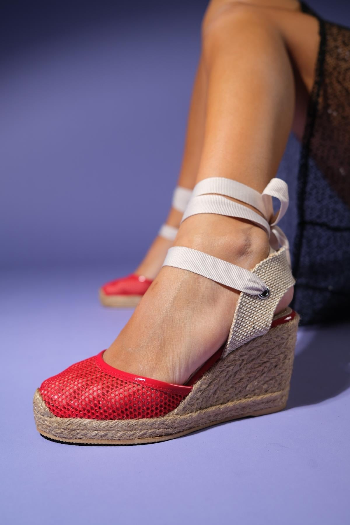 Lions - Red Mesh Leather Wedge Espadrilles Sandal – product view 9 showing leather, mesh, red, Vowalisse