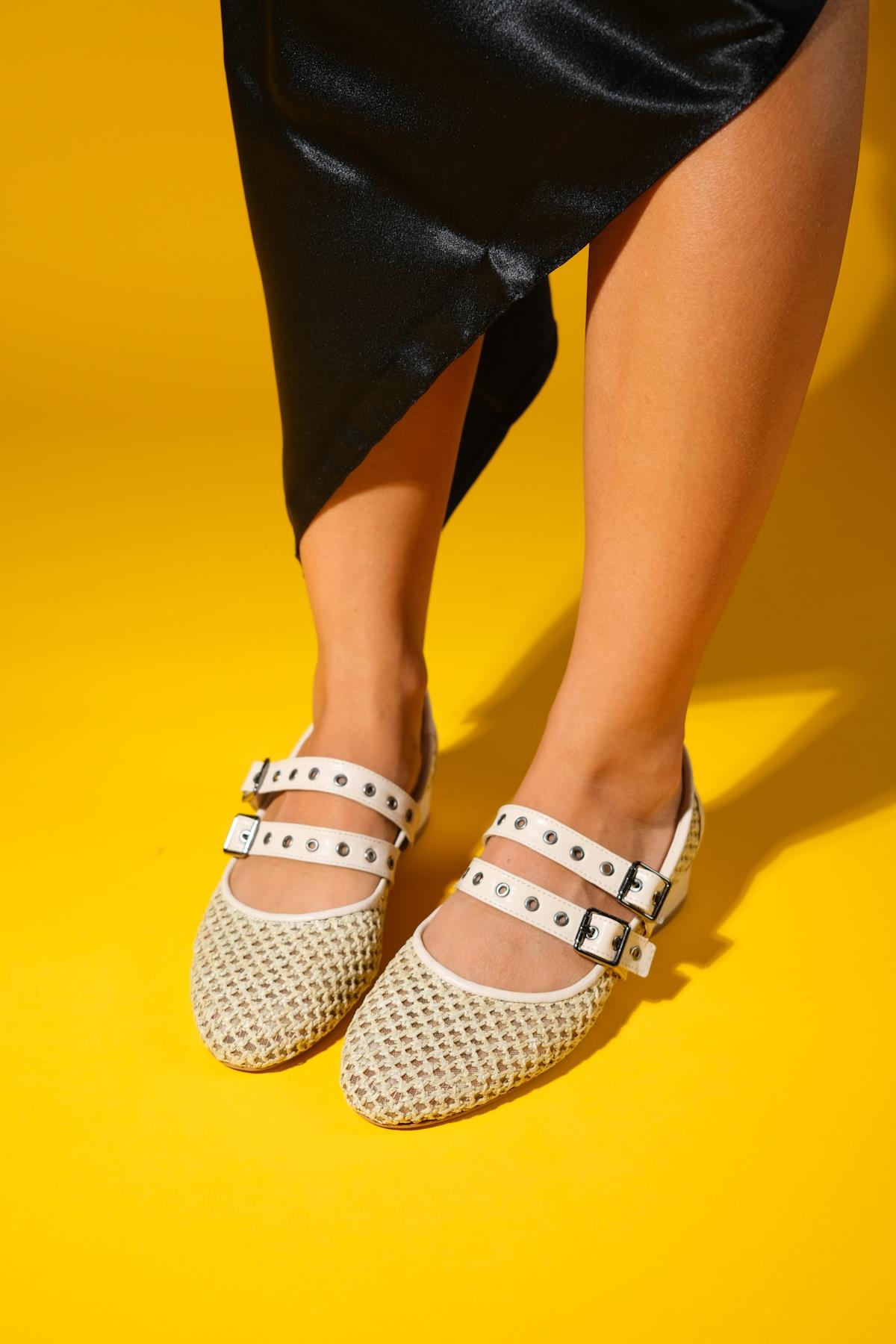 Lapis - Beige Woven Low Heel Shoe – side view showing leather, Vowalisse