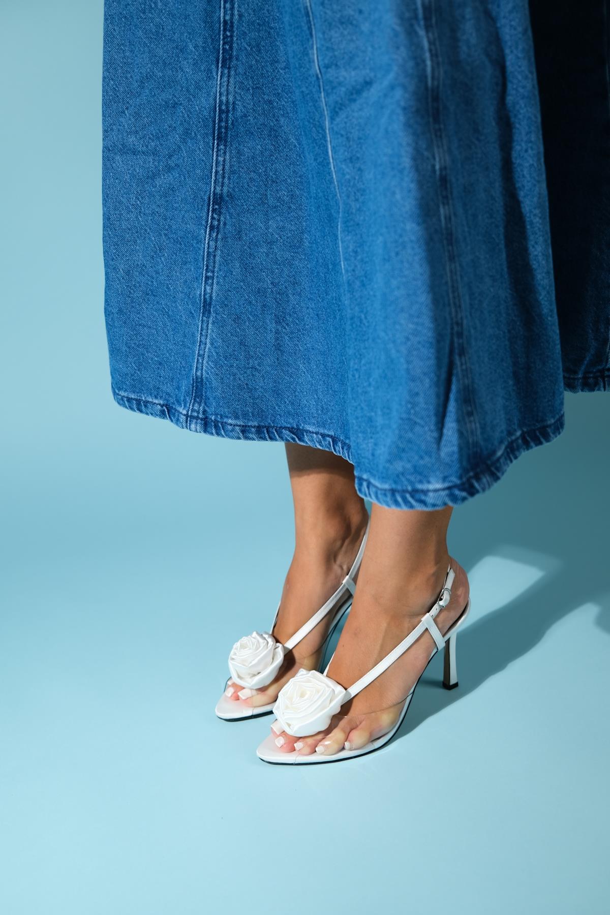 Aisne - White Floral Transparent Thin Heel Shoe – back view showing satin, leather, white, Vowalisse
