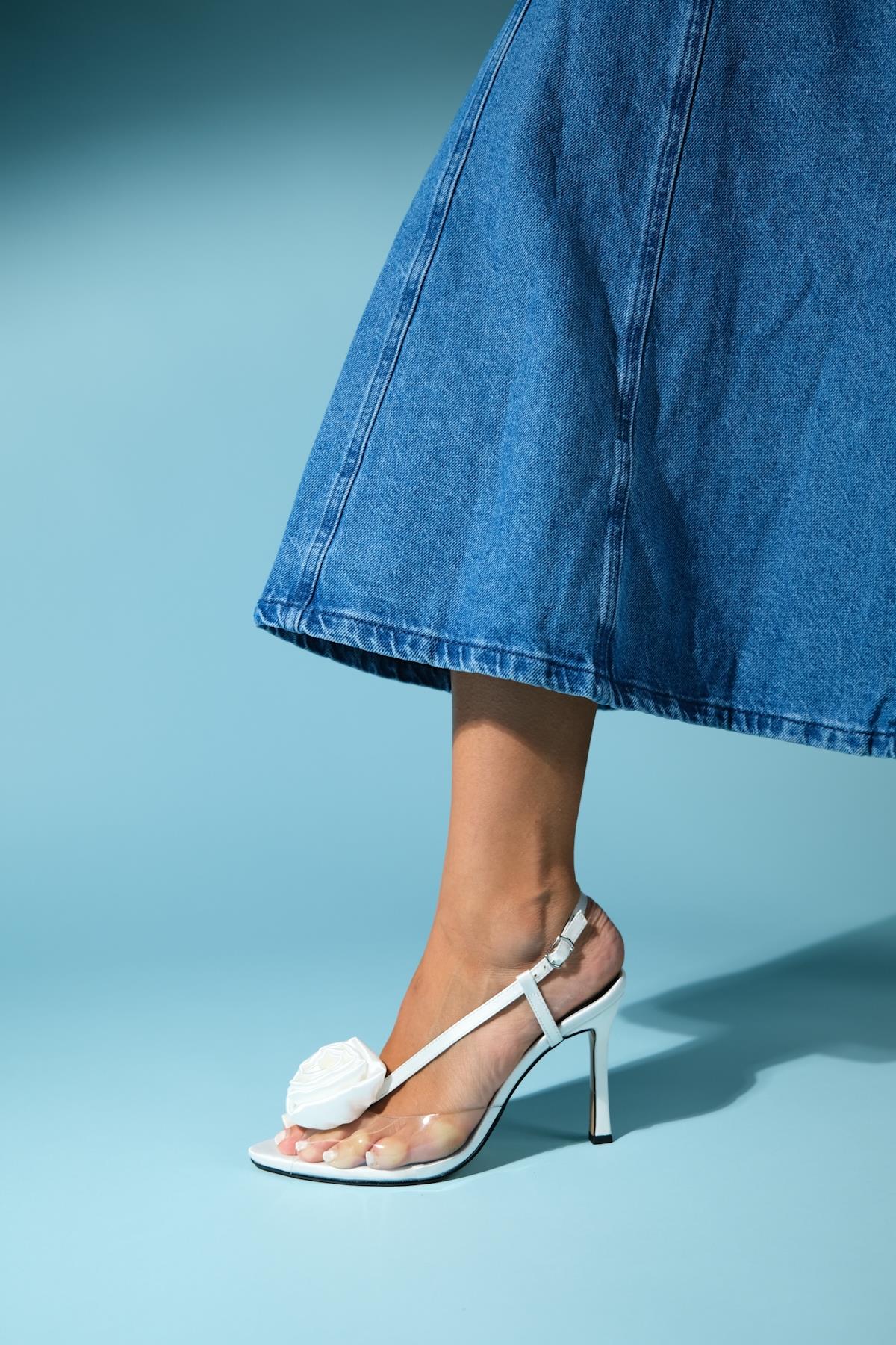 Aisne - White Floral Transparent Thin Heel Shoe – top view showing satin, leather, white, Vowalisse
