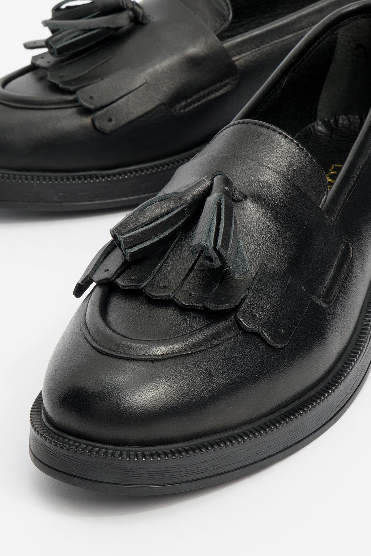 Milly - Black Leather Tassel Loafers – detail view showing leather, suede, black, Vowalisse