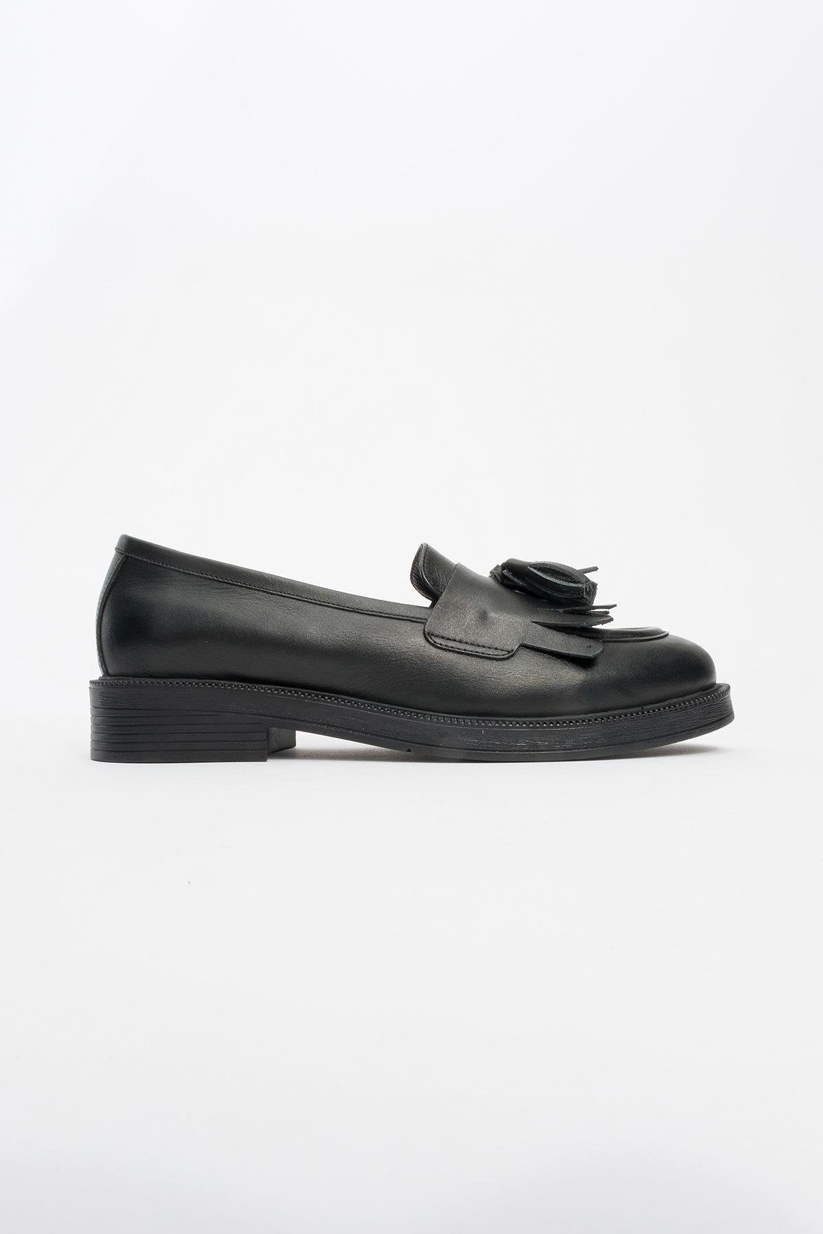 Milly - Black Leather Tassel Loafers – heel view showing leather, suede, black, Vowalisse