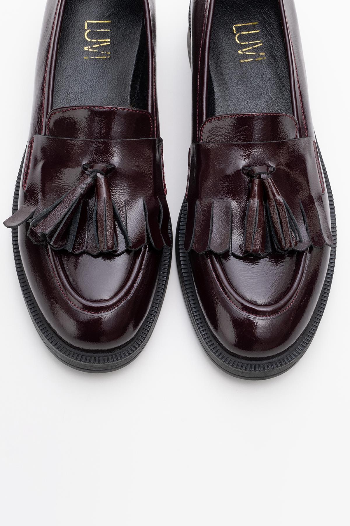 Milly - Burgundy Patent Leather Tassel Loafers – side view showing leather, suede, red, Vowalisse