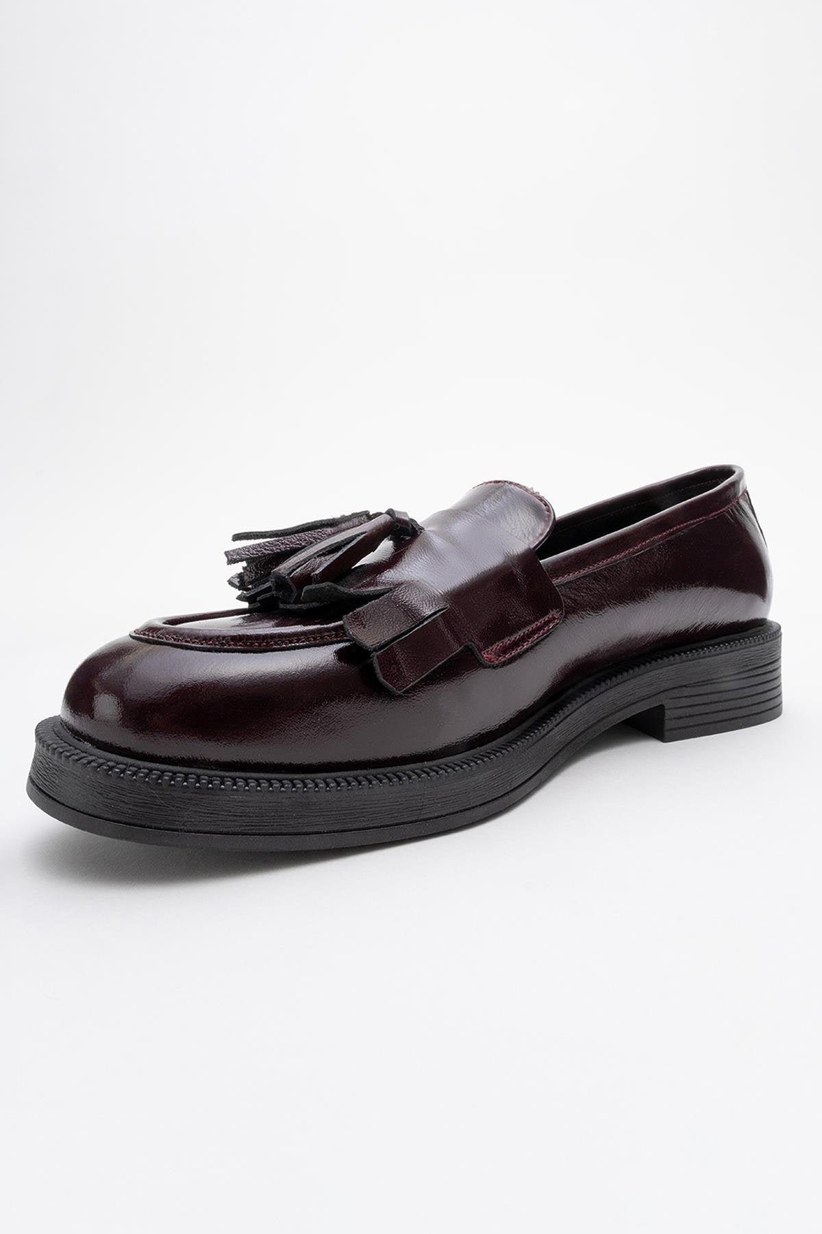 Milly - Burgundy Patent Leather Tassel Loafers – detail view showing leather, suede, red, Vowalisse