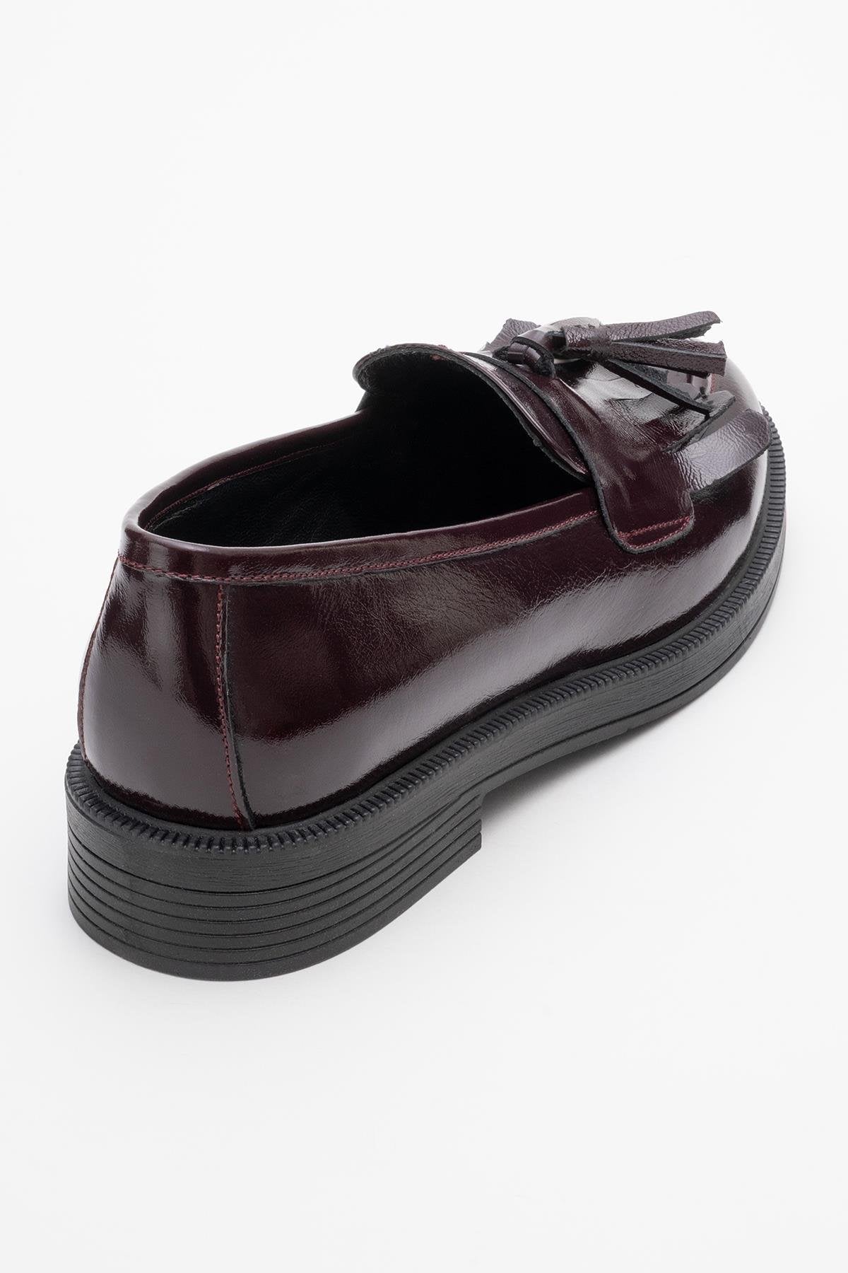 Milly - Burgundy Patent Leather Tassel Loafers – heel view showing leather, suede, red, Vowalisse