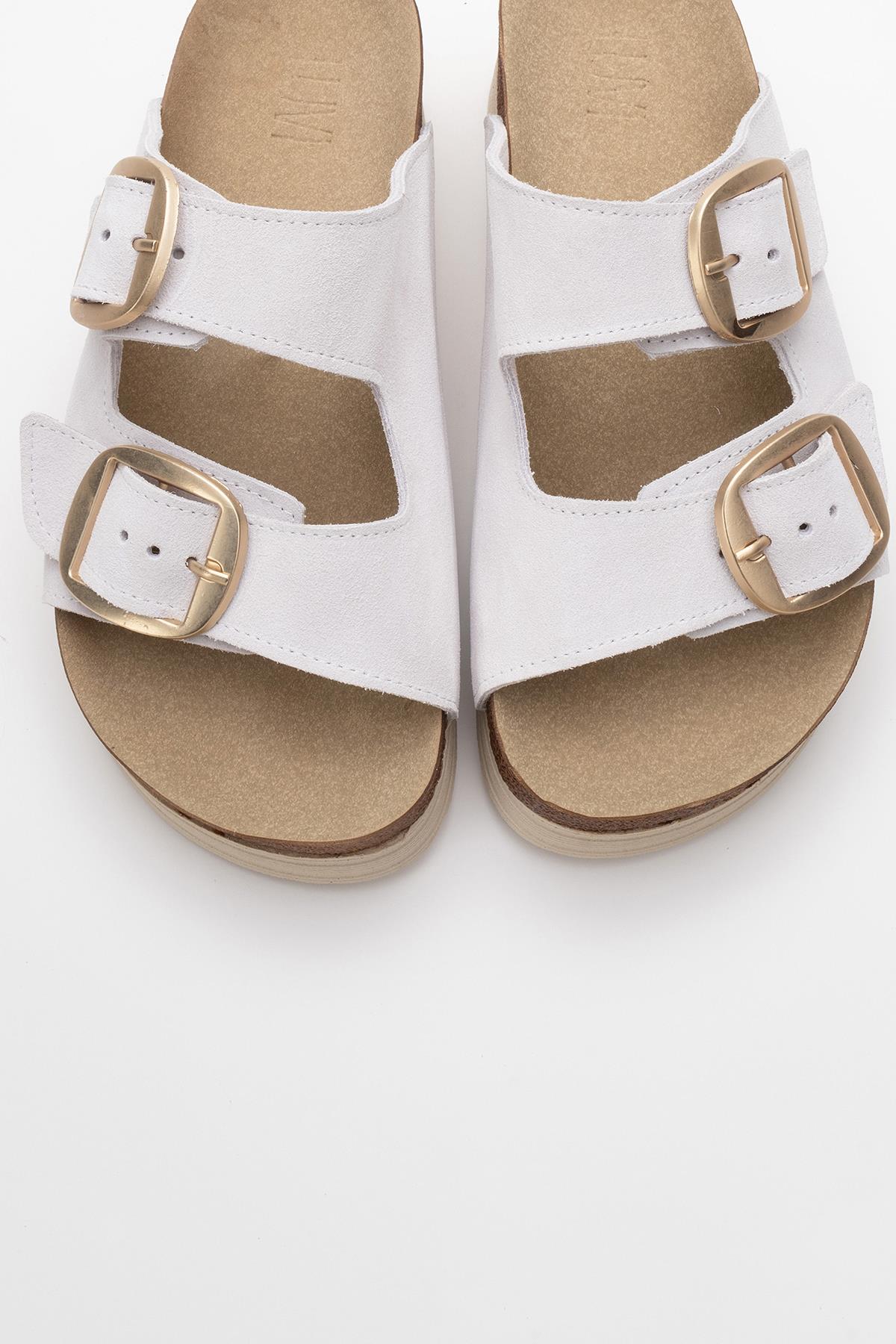 Harbor - White Suede Leather Two-Strap Sandal – side view showing leather, suede, white, Vowalisse