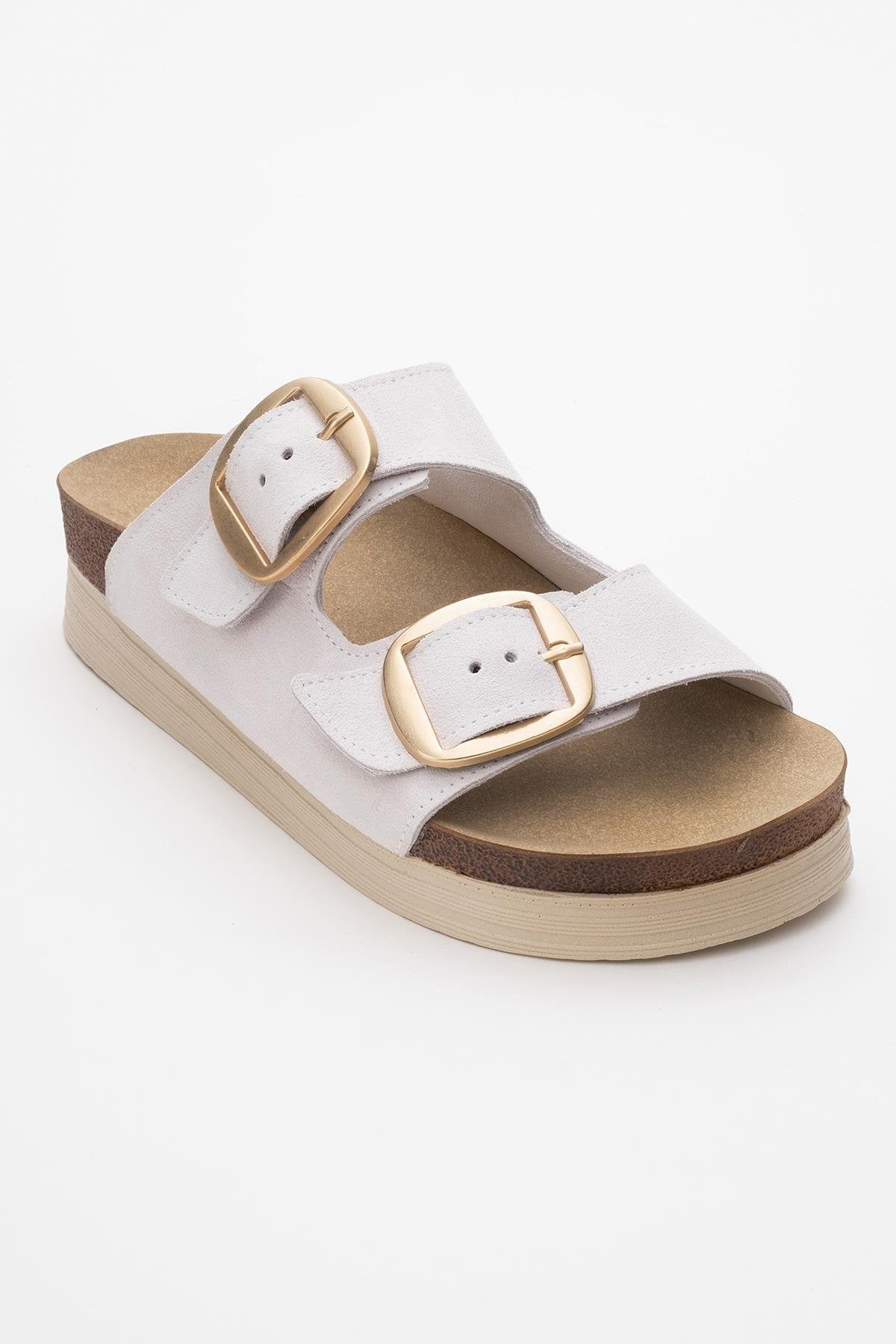 Harbor - White Suede Leather Two-Strap Sandal – detail view showing leather, suede, white, Vowalisse