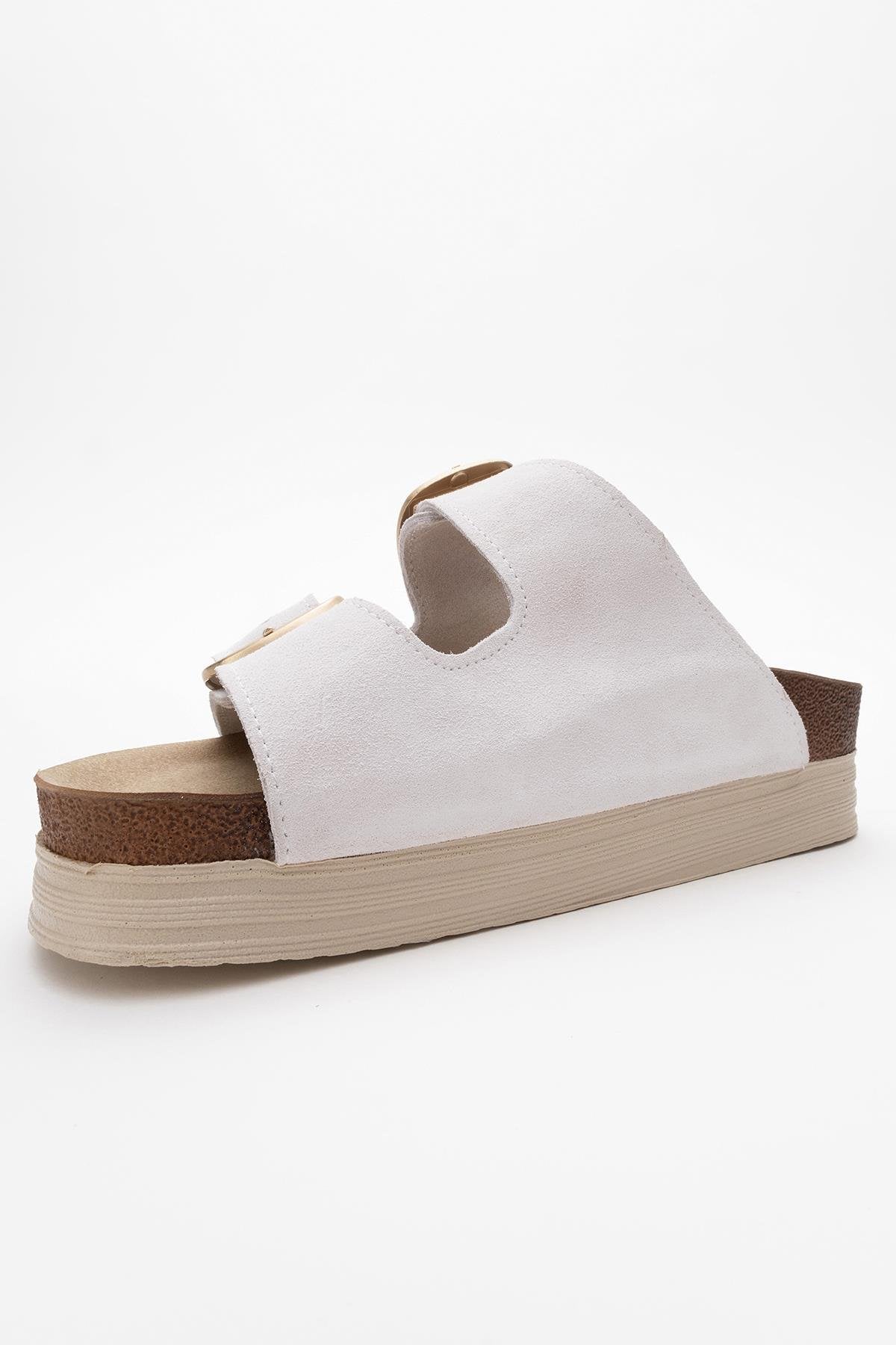 Harbor - White Suede Leather Two-Strap Sandal – heel view showing leather, suede, white, Vowalisse