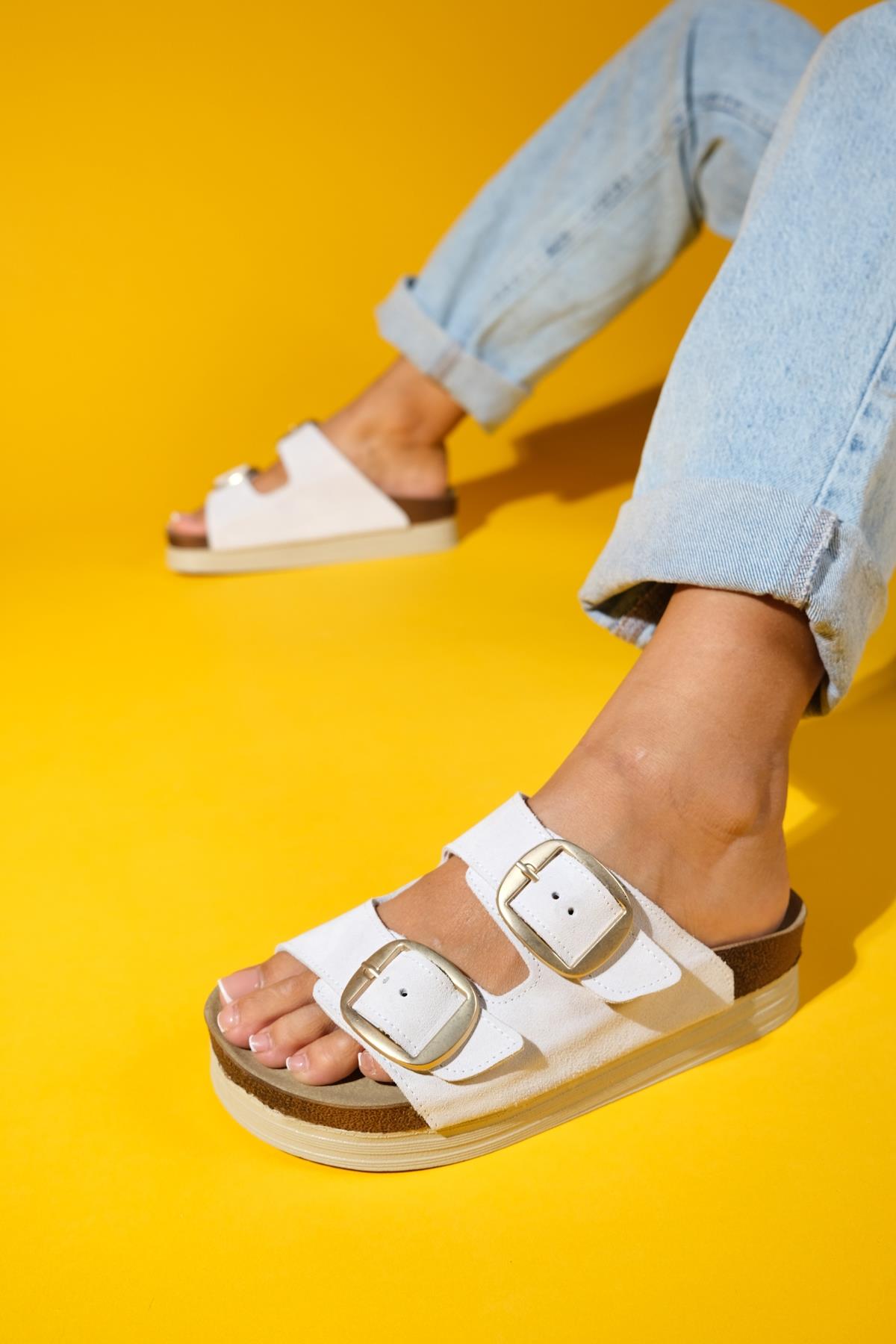 Harbor - White Suede Leather Two-Strap Sandal – sole view showing leather, suede, white, Vowalisse