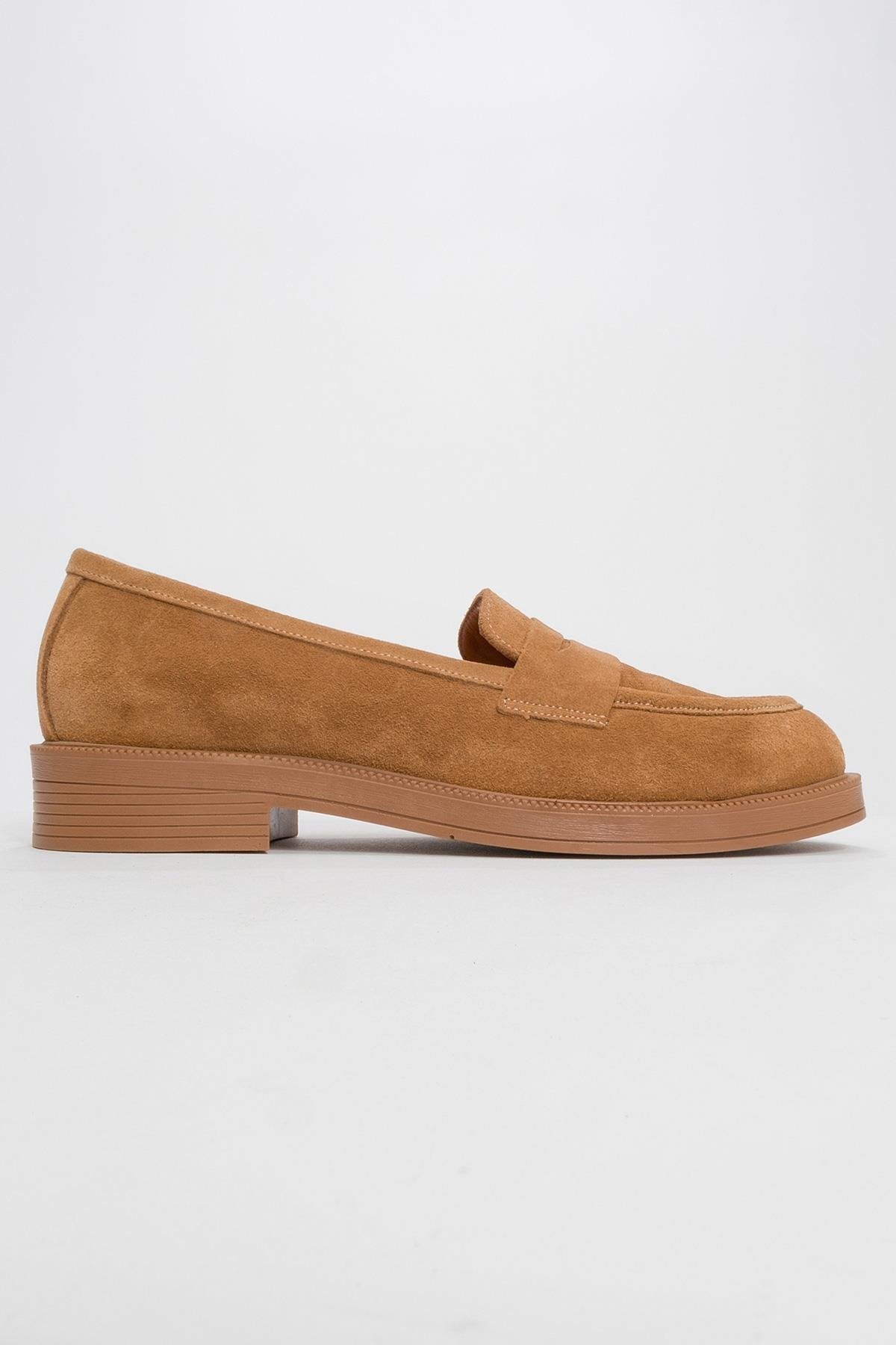 Bree - Taupe Suede Genuine Leather Loafer – heel view showing leather, suede, Vowalisse