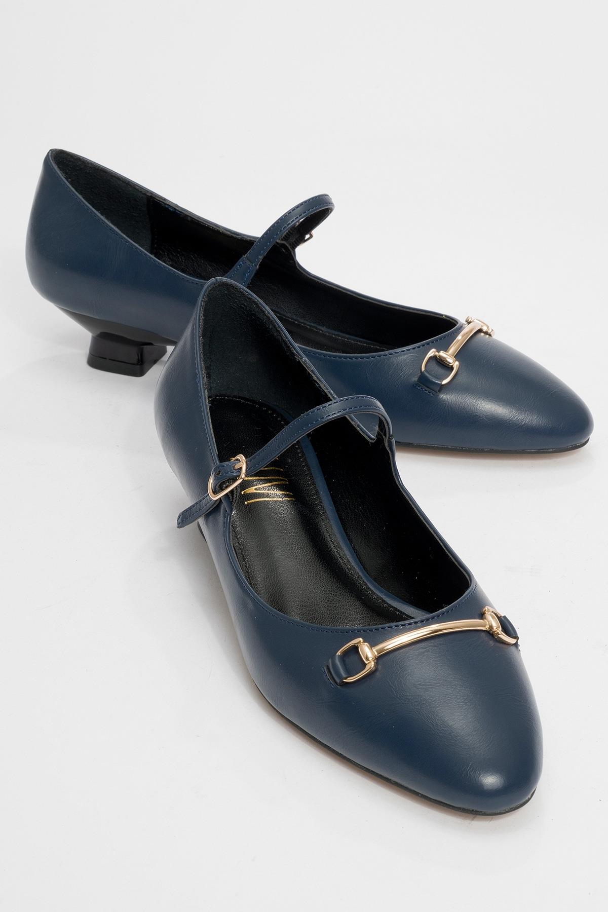 Ojen - Navy Low Heel Shoe – front three-quarter view showing leather, Vowalisse