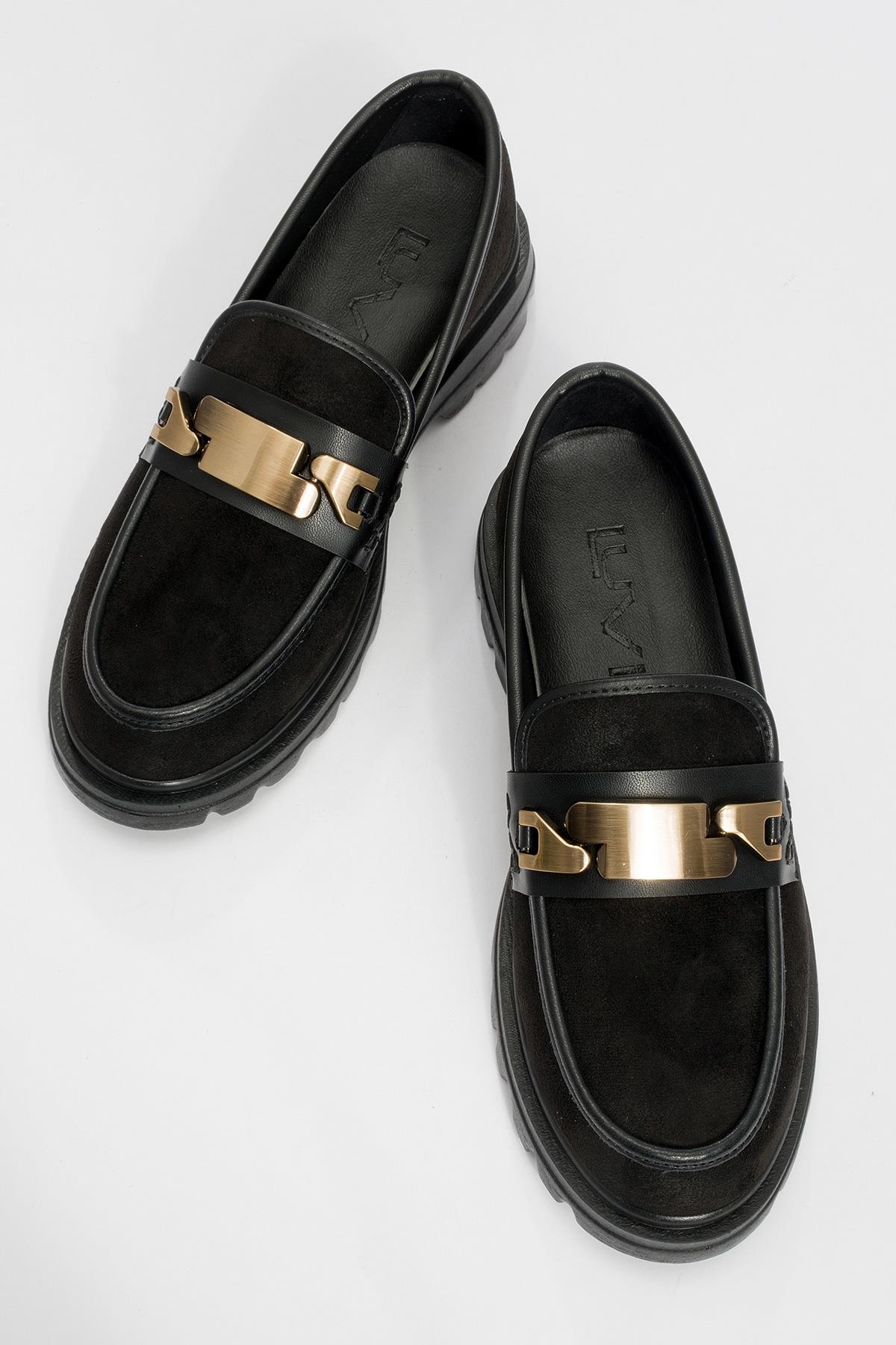 Pray - Black Buckle Loafer – side view showing leather, suede, black, Vowalisse
