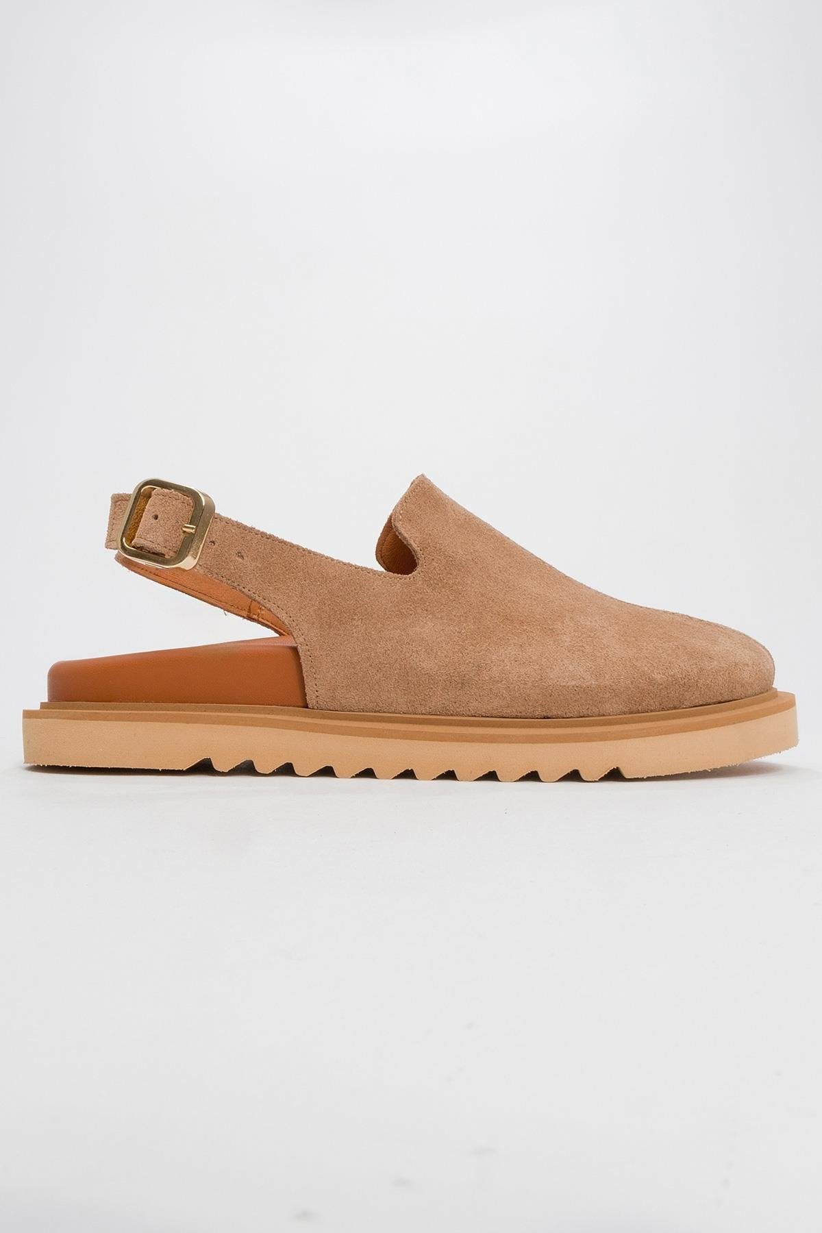 Laby - Cognac Brown Suede Leather Clogs – heel view showing leather, suede, red, Vowalisse