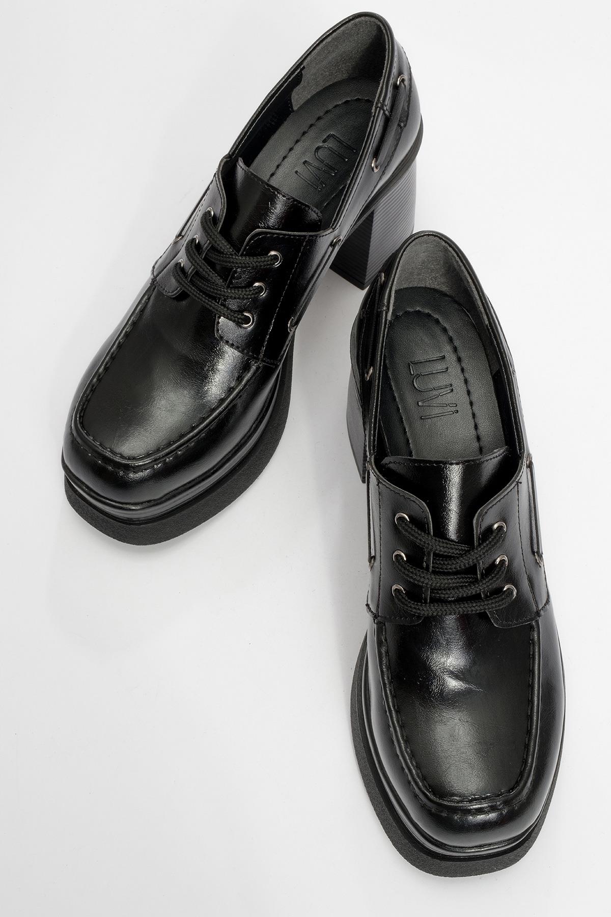 Dudley - Black Lace-Up Platform Heel Shoe – side view showing lace, leather, black, Vowalisse