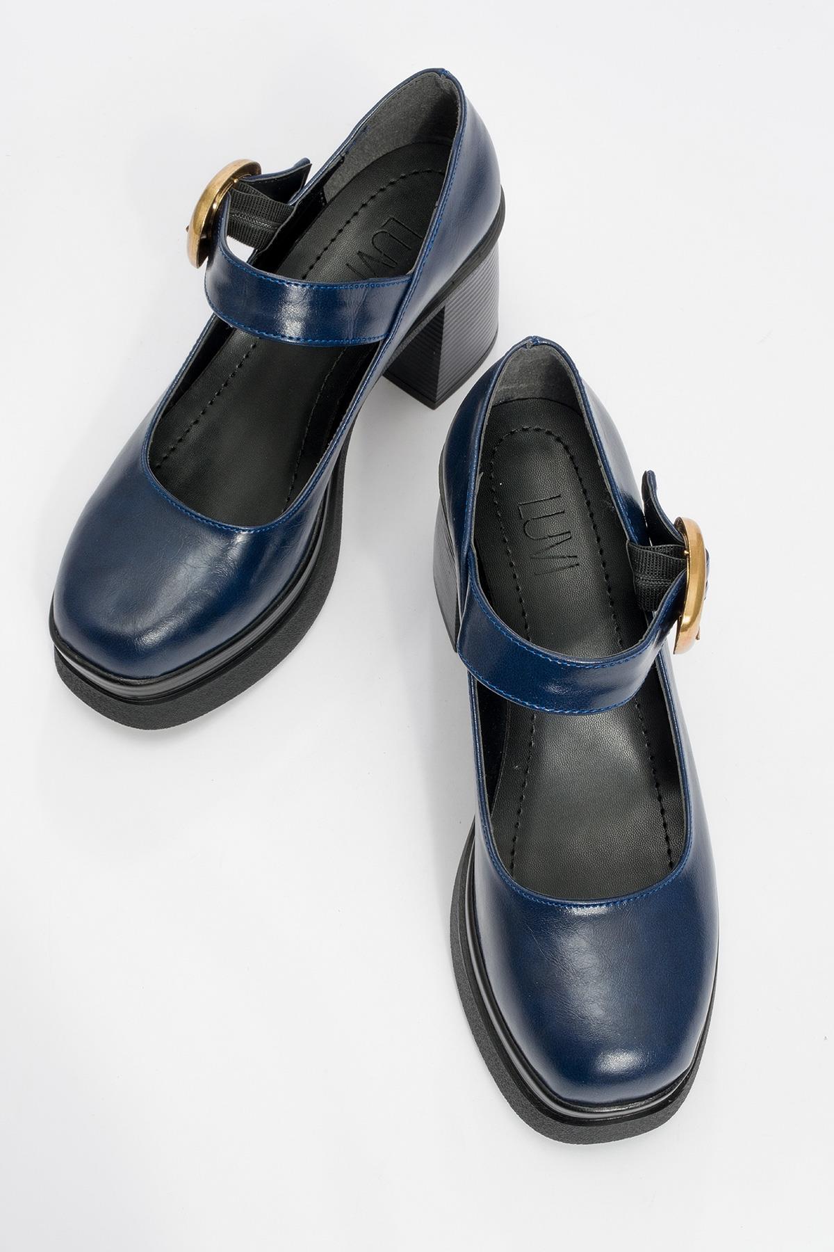 Ashes - Navy Gold Buckle Platform Heel Shoe – side view showing leather, gold, Vowalisse
