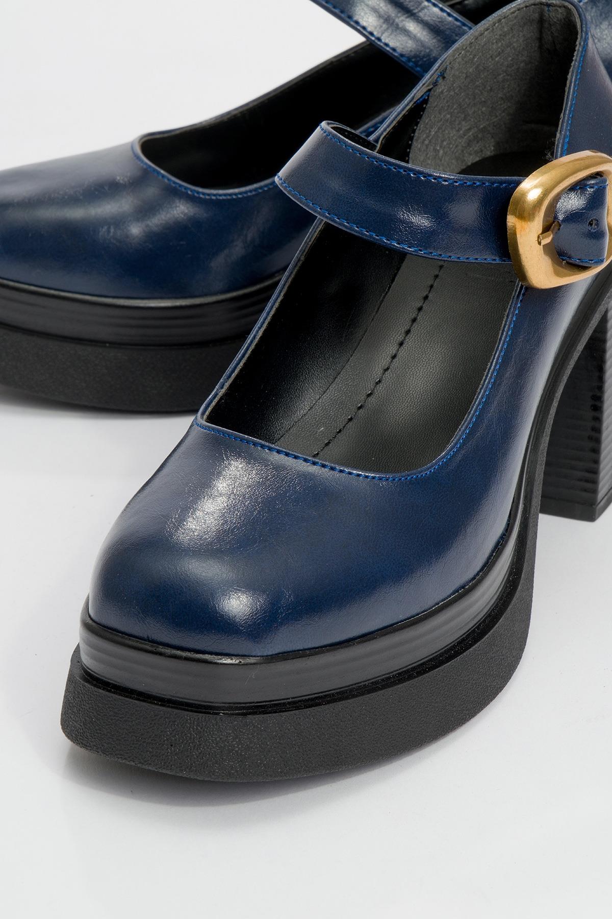 Ashes - Navy Gold Buckle Platform Heel Shoe – detail view showing leather, gold, Vowalisse