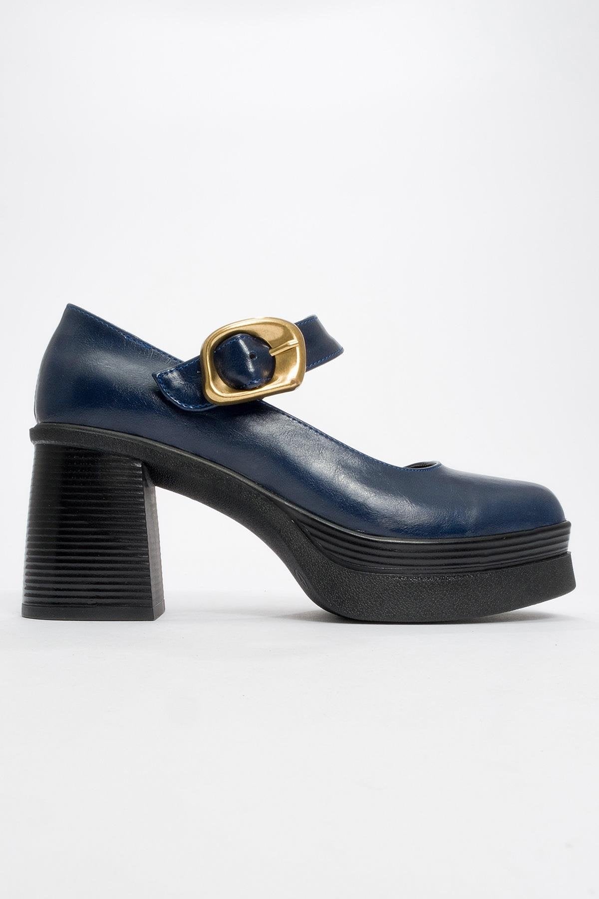 Ashes - Navy Gold Buckle Platform Heel Shoe – heel view showing leather, gold, Vowalisse
