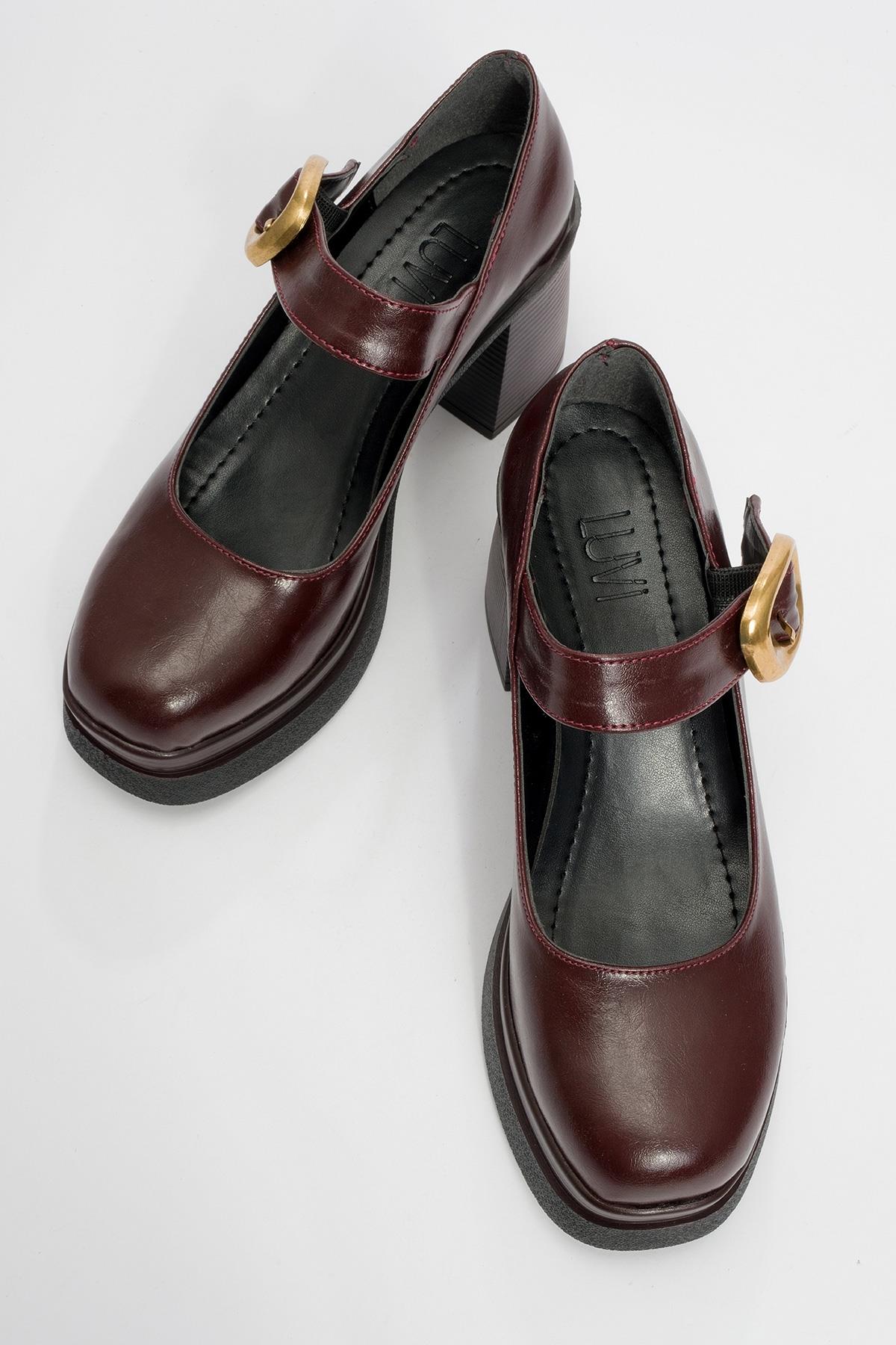 Ashes - Burgundy Gold-Buckle Platform Heel Shoe – side view showing leather, gold, Vowalisse