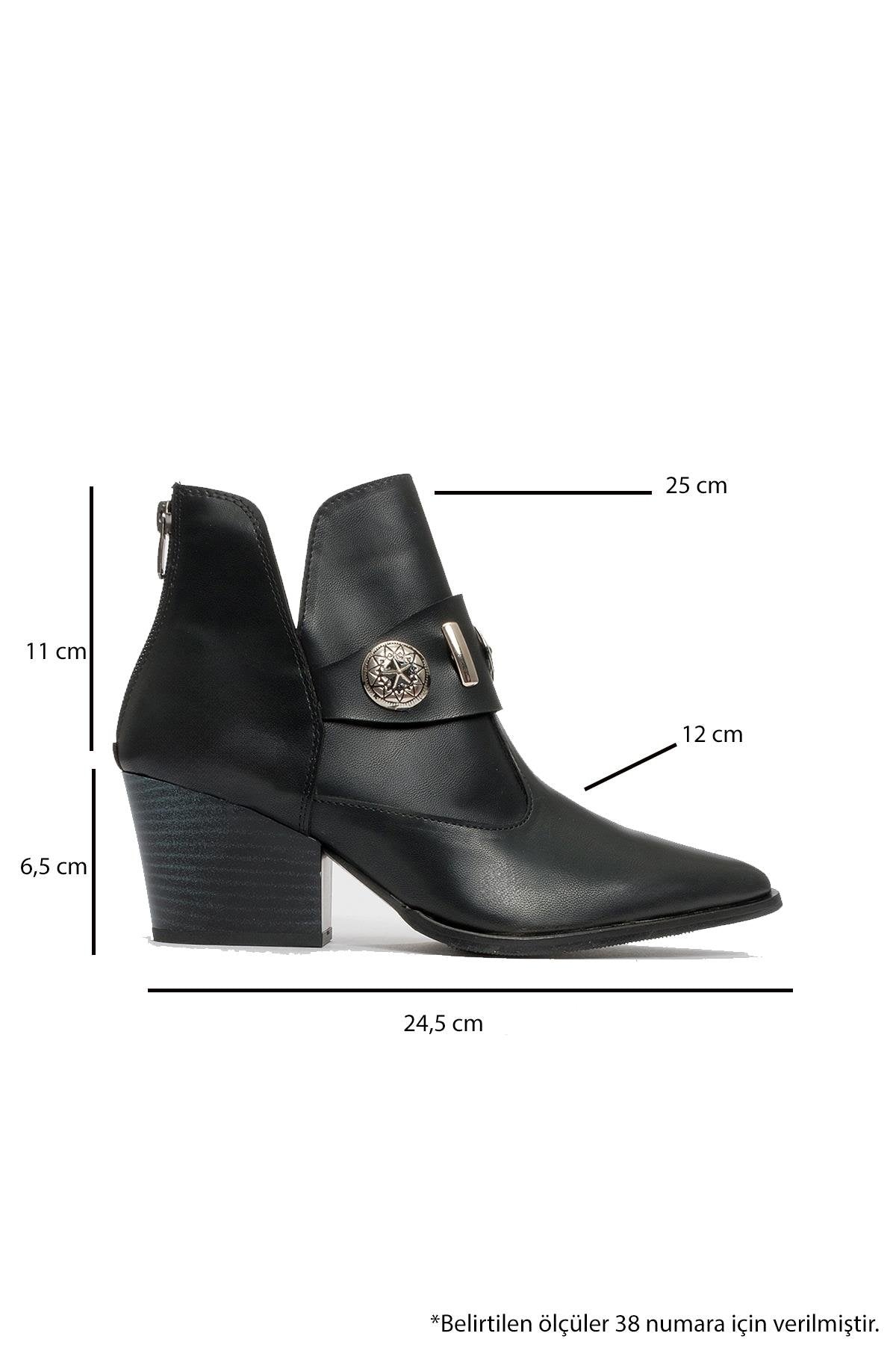 Kenda Black Buckle Block Heel Boot – heel view showing leather, black, red, Vowalisse