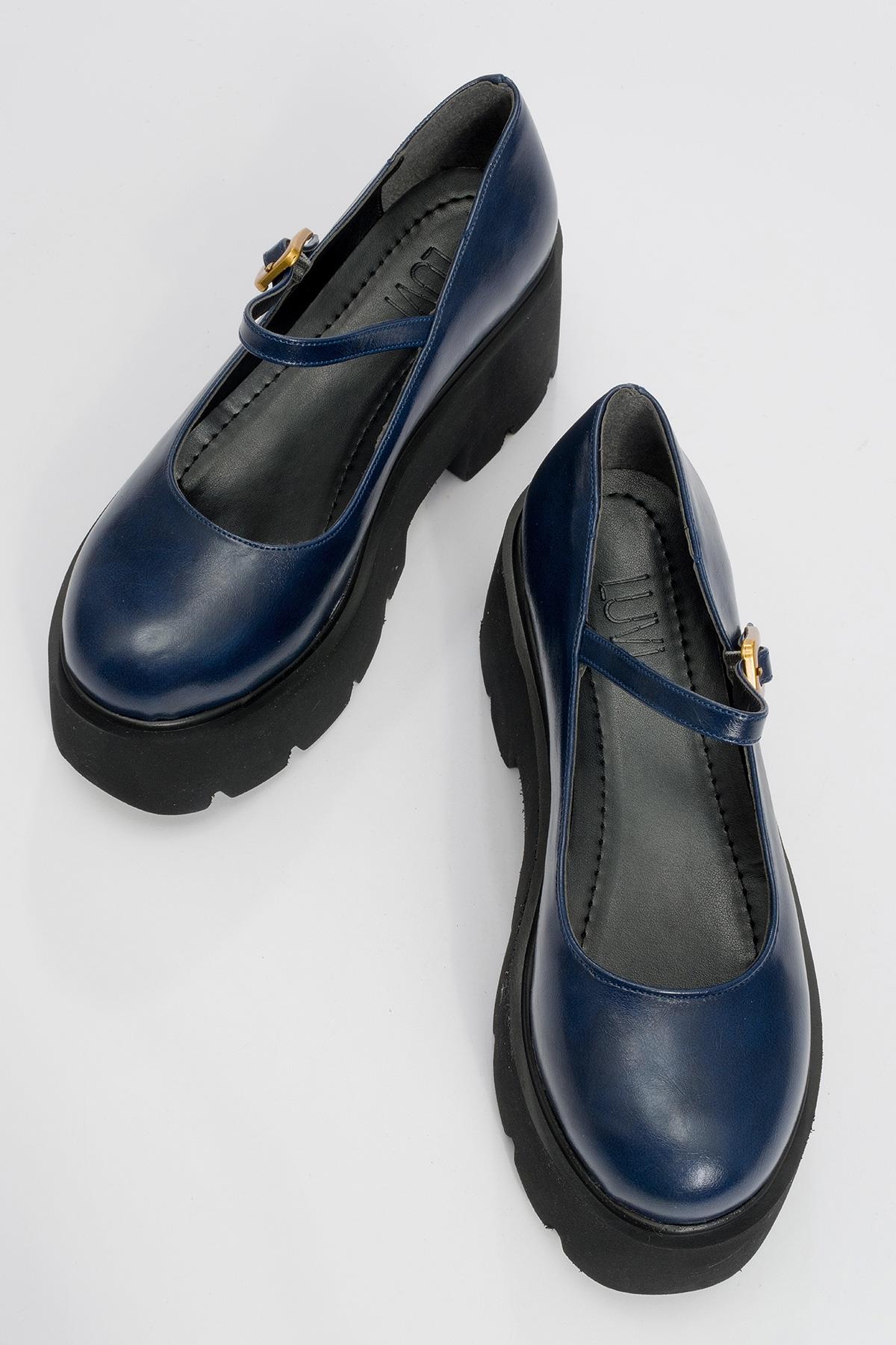 Linley Navy Platform Loafer – side view showing leather, gold, Vowalisse