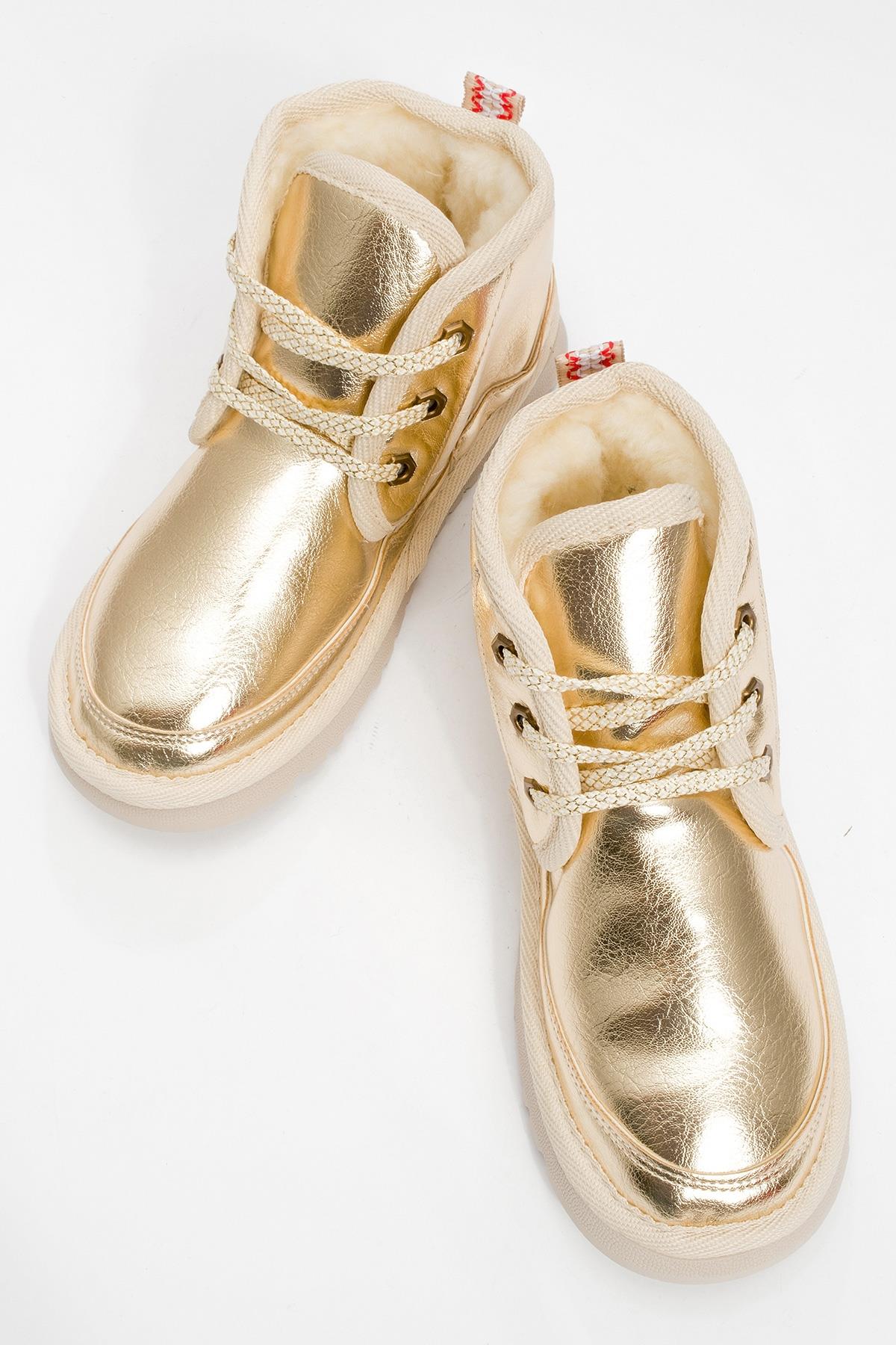 Mingo - Gold Lace-Up Sport Boot – side view showing lace, leather, gold, Vowalisse