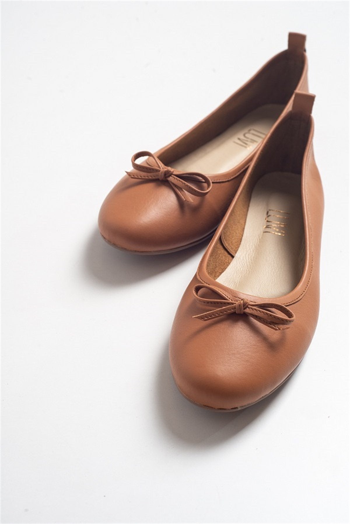 Florence - Cognac Brown Leather Ballerina Flats – side view showing bow, leather, suede, Vowalisse