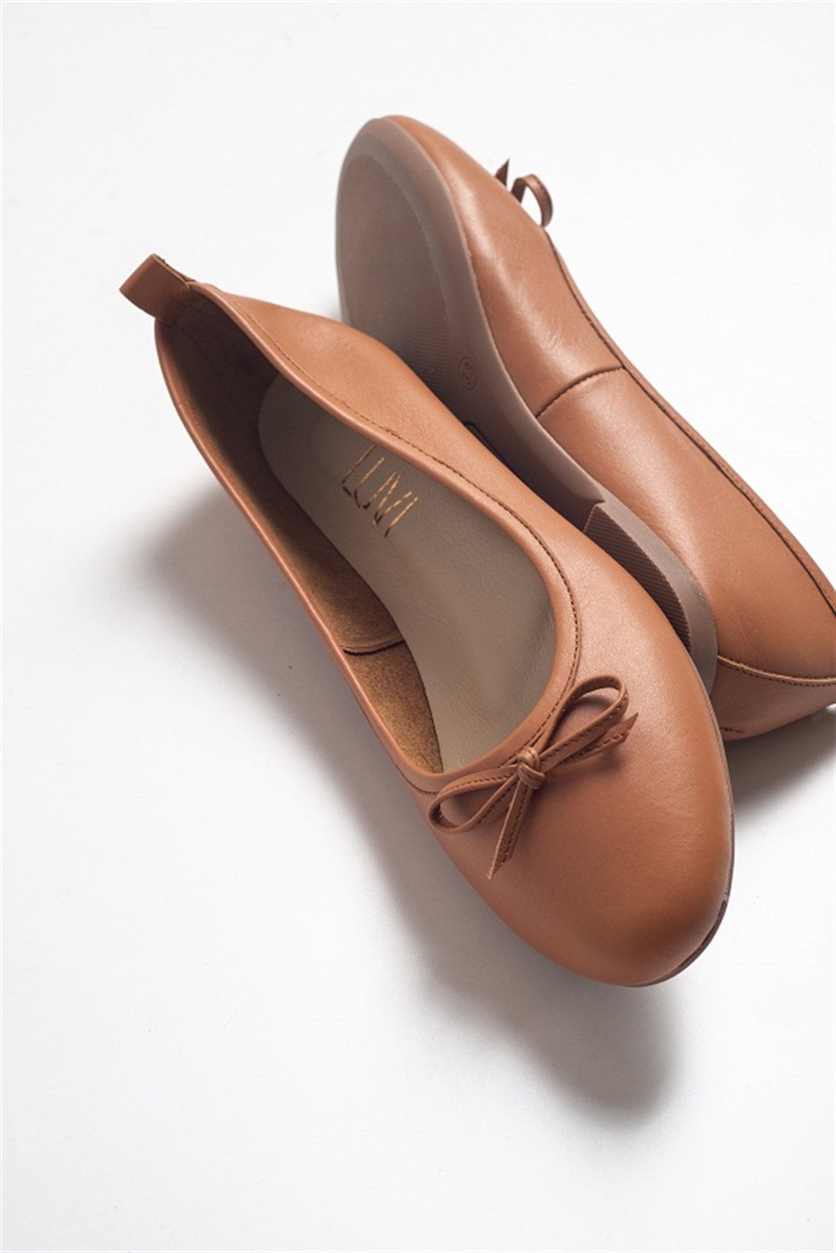 Florence - Cognac Brown Leather Ballerina Flats – heel view showing bow, leather, suede, Vowalisse