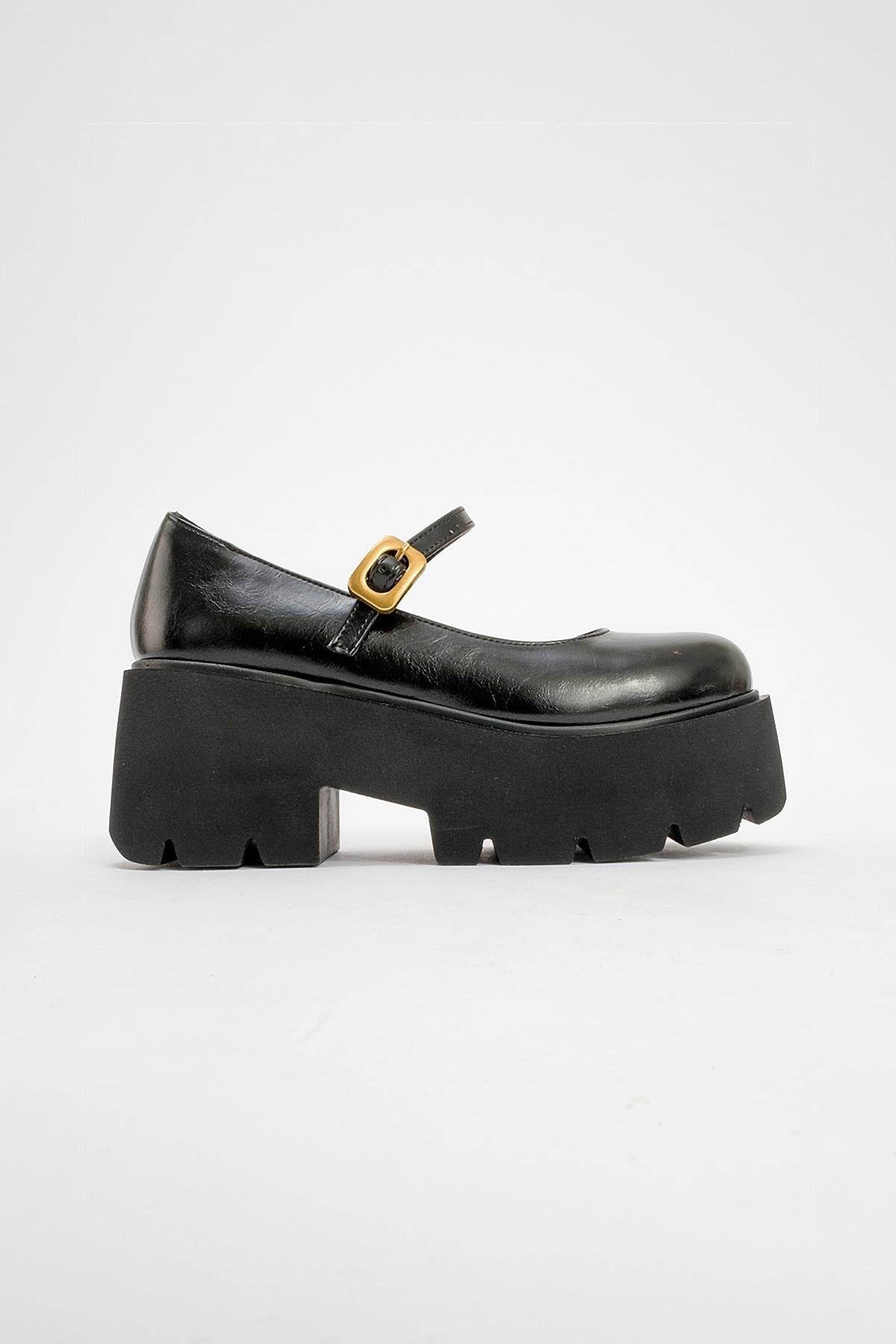 Linley Black Platform Loafer – heel view showing leather, black, gold, Vowalisse