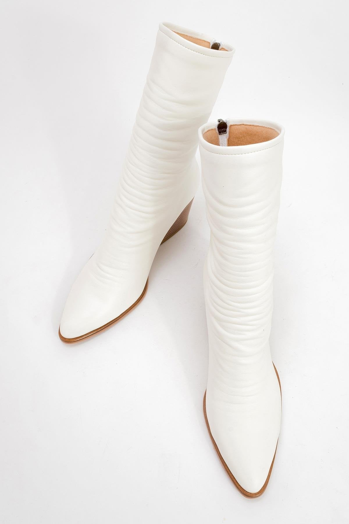 Laval - White Back-Zip Block Heel Boot – detail view showing leather, white, Vowalisse