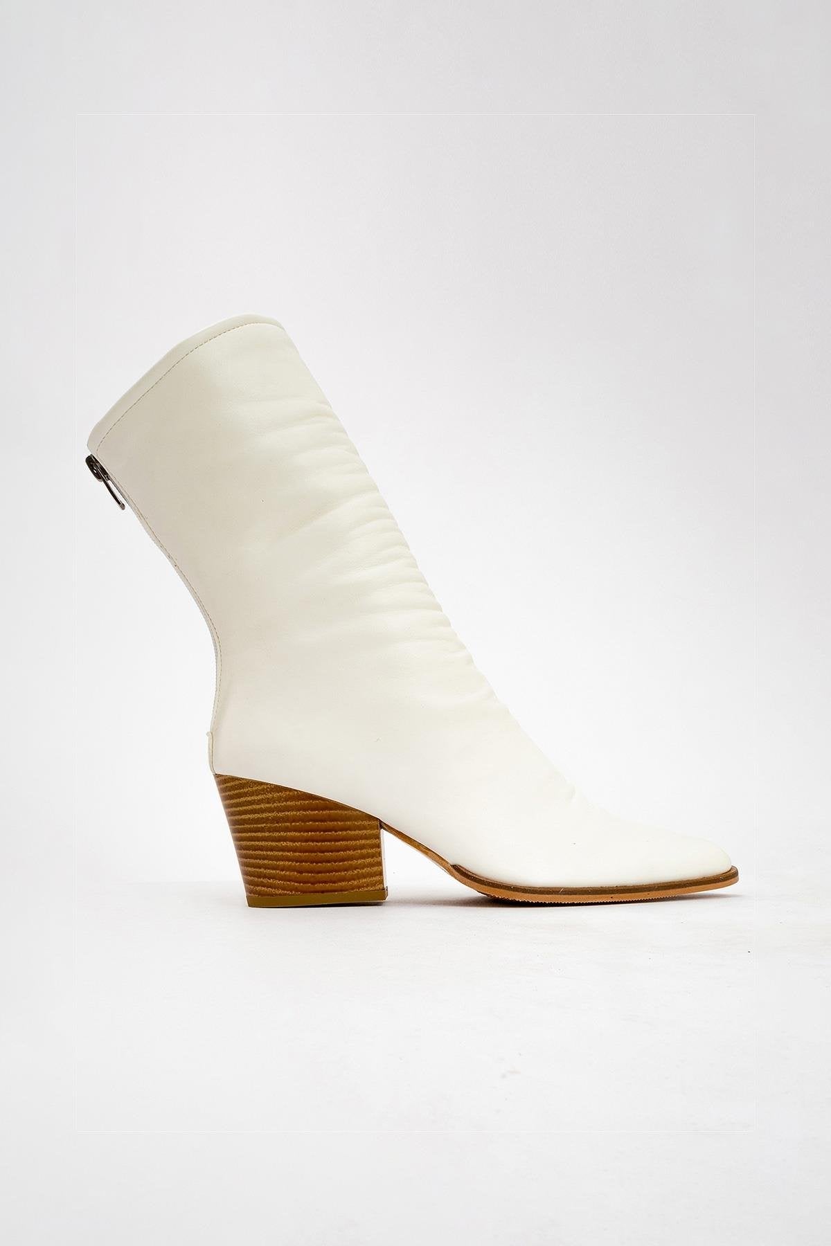 Laval - White Back-Zip Block Heel Boot – back view showing leather, white, Vowalisse