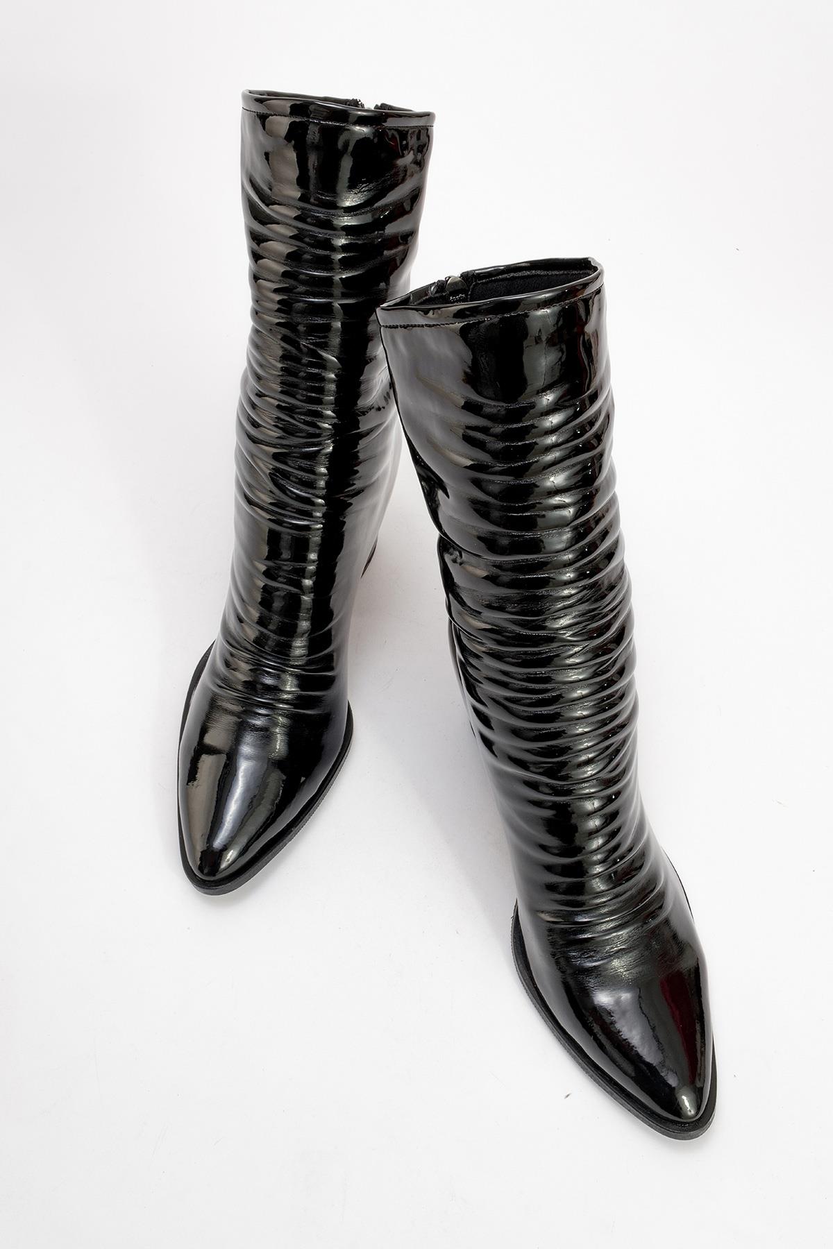 Laval - Black Patent Block Heel Boot – side view showing leather, black, red, Vowalisse