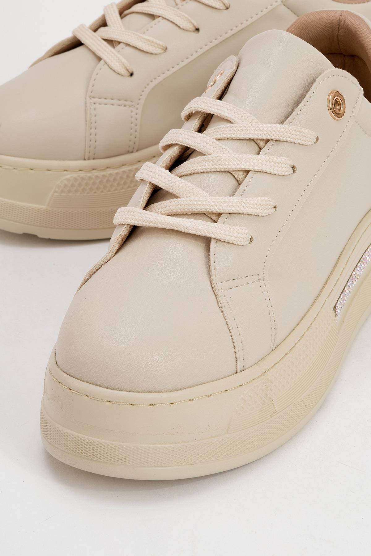 Poem - Beige Embellished Chunky Platform Sneaker – detail view showing leather, Vowalisse