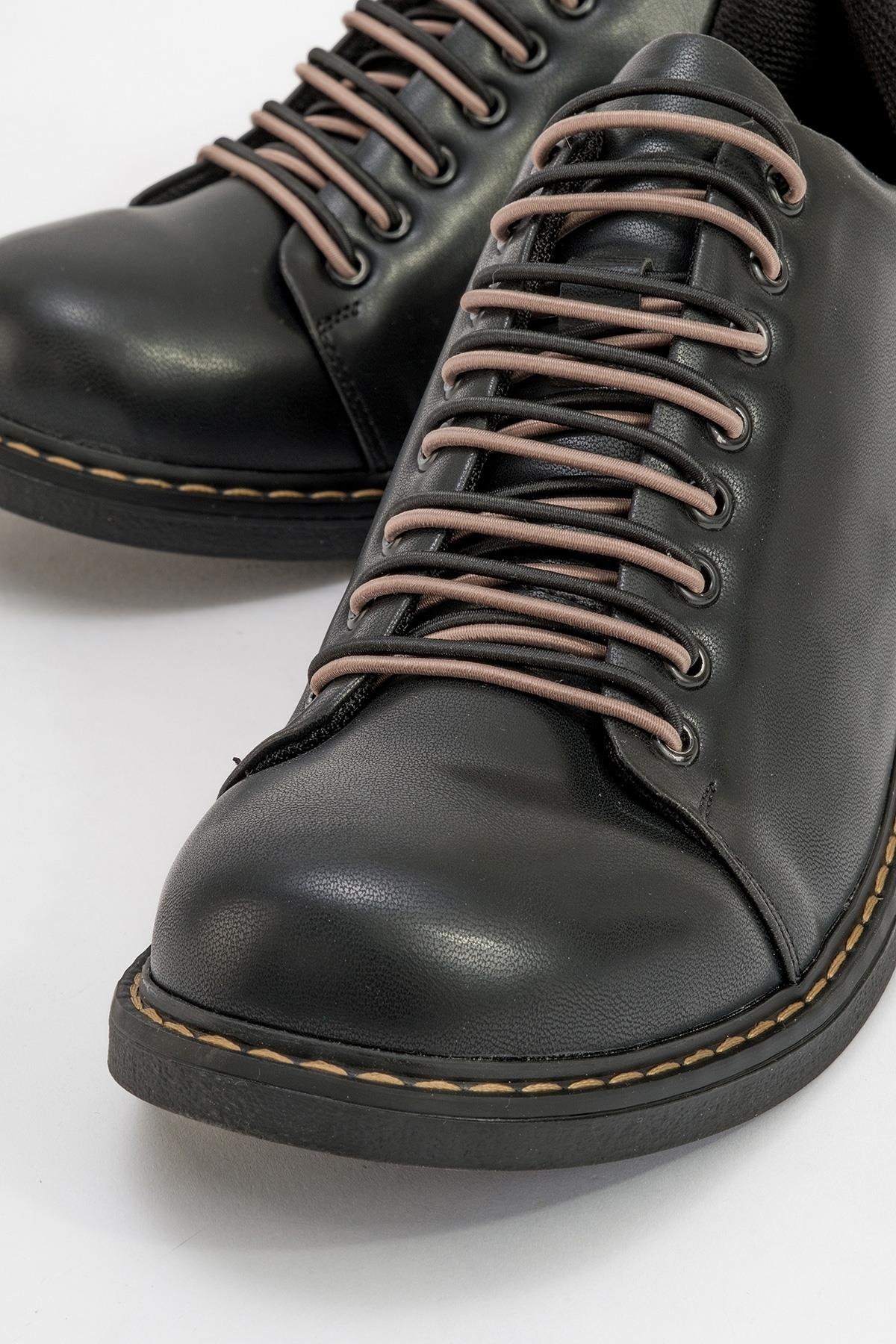 Festy - Black Elastic Lace-Up Everyday Shoe – detail view showing lace, leather, black, Vowalisse