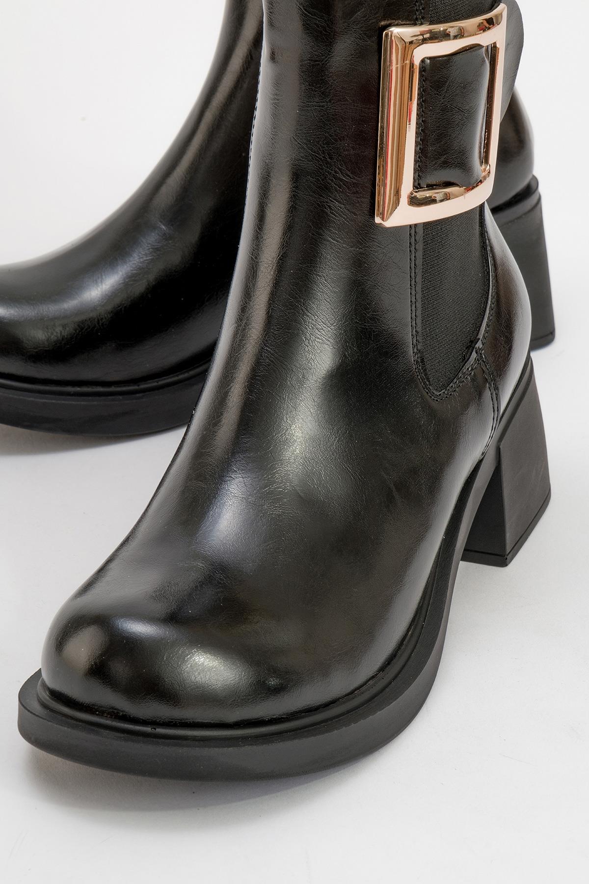 Moriah - Black Block Heel Boot – detail view showing leather, black, Vowalisse