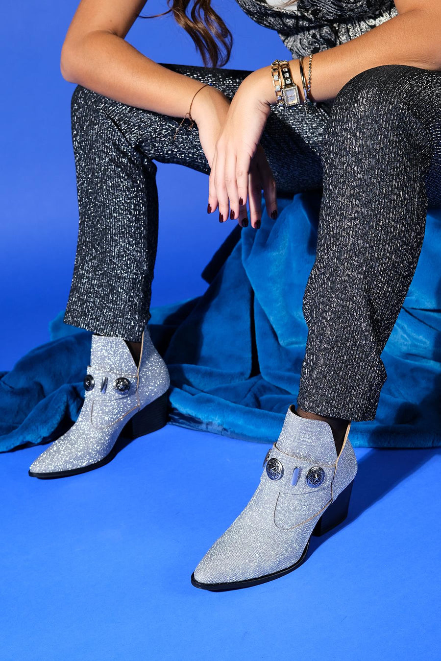 Kenda Silver Glitter Buckle Block Heel Boot
