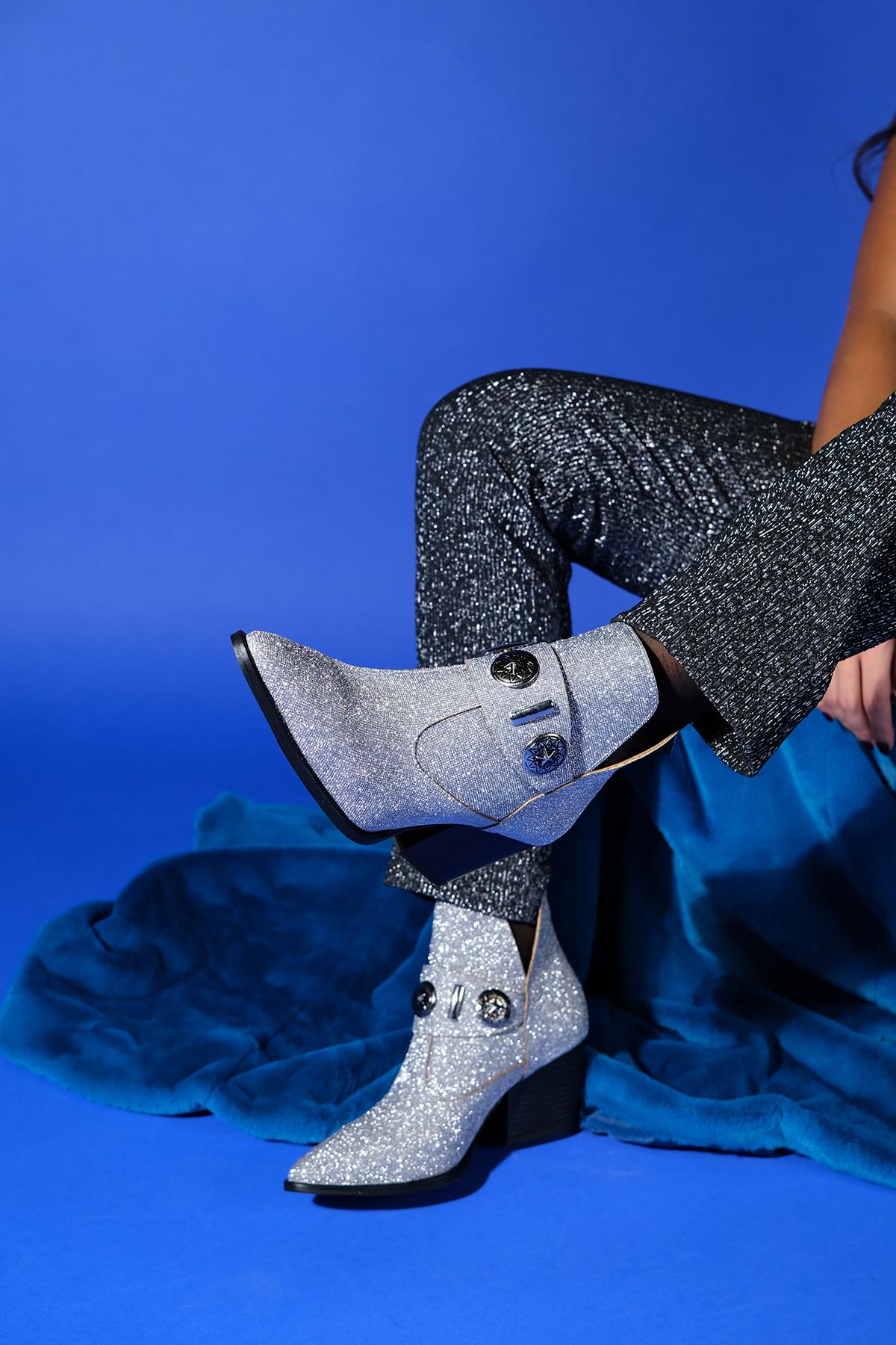 Kenda Silver Glitter Buckle Block Heel Boot – sole view showing leather, glitter, silver, Vowalisse