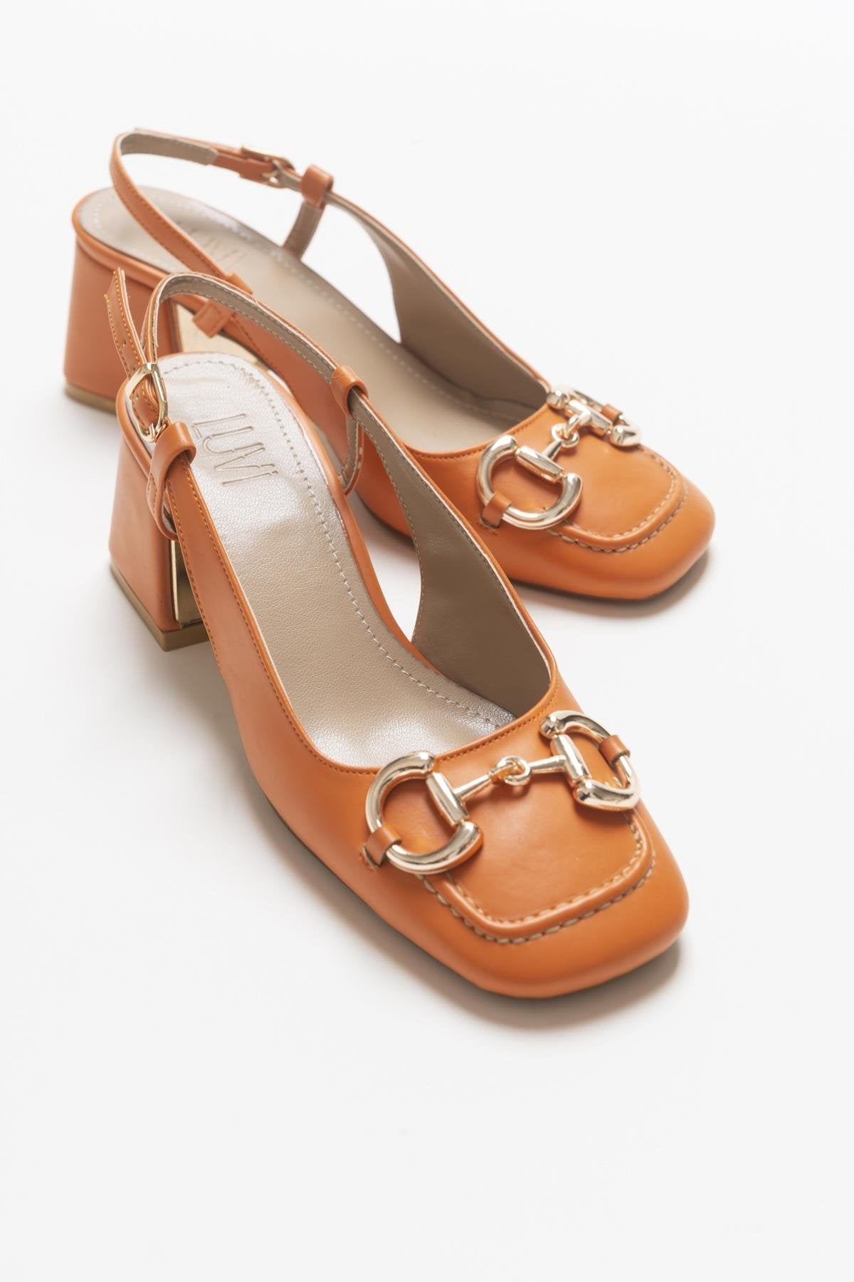 Karol - Orange Heeled Shoe – back view showing leather, Vowalisse