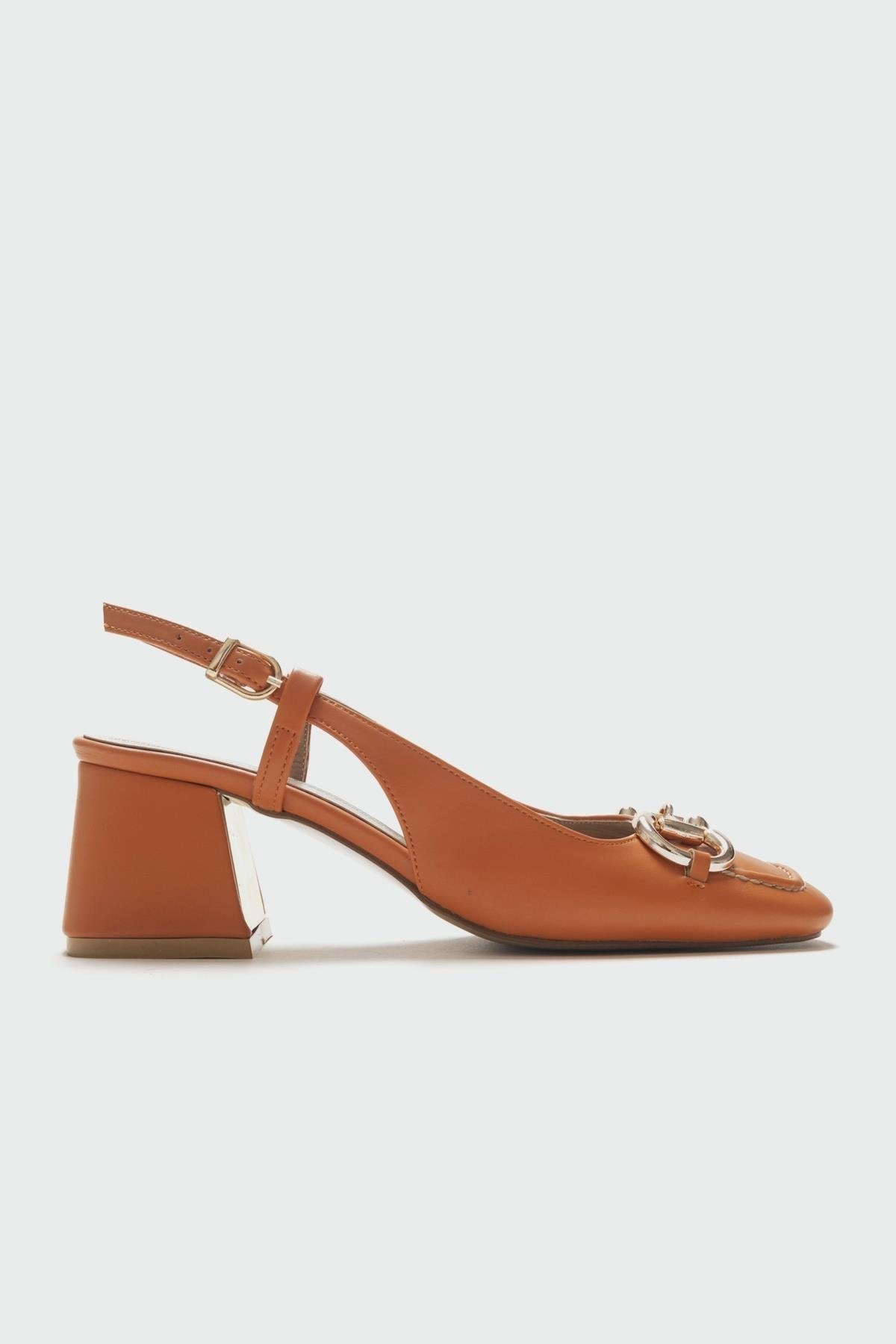 Karol - Orange Heeled Shoe – top view showing leather, Vowalisse
