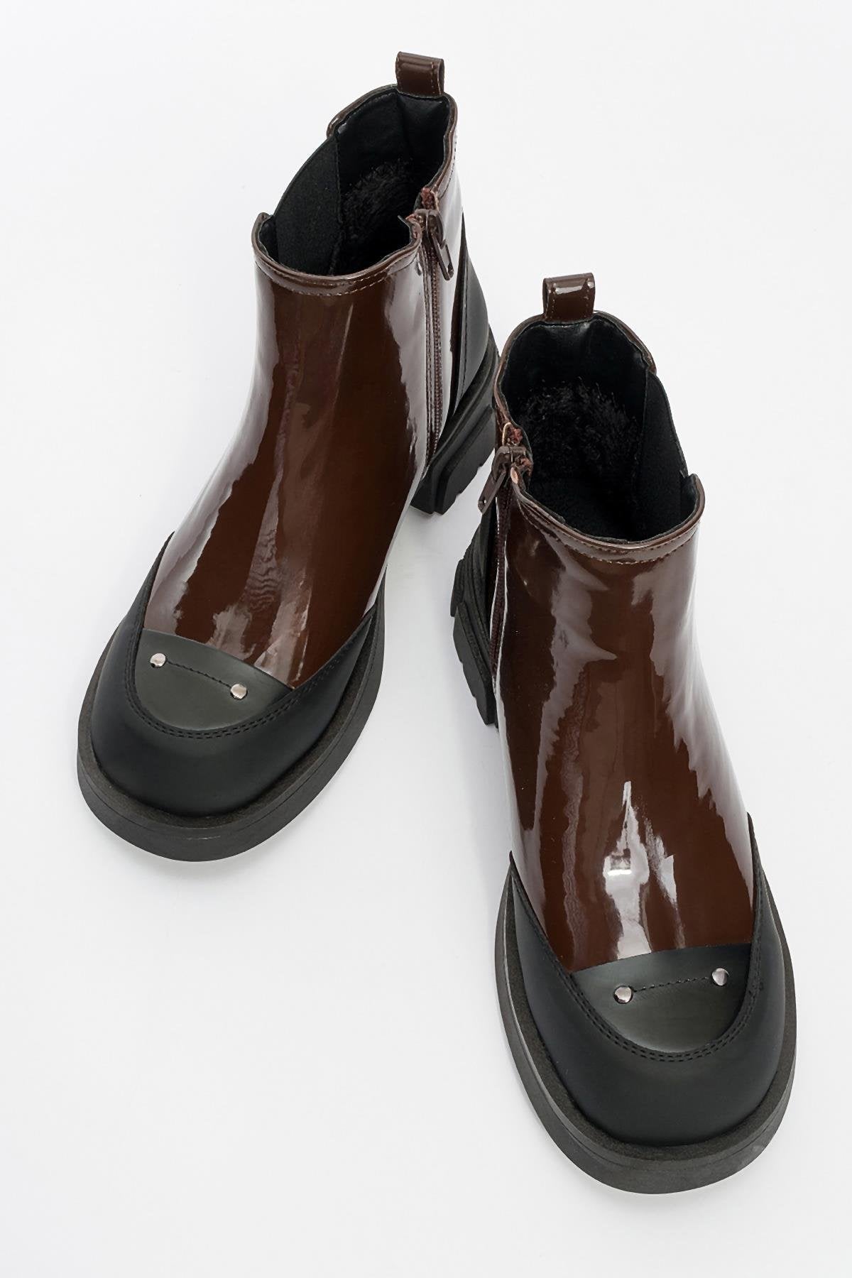 Albia - Cognac Zippered Elastic Boot – side view showing leather, red, Vowalisse