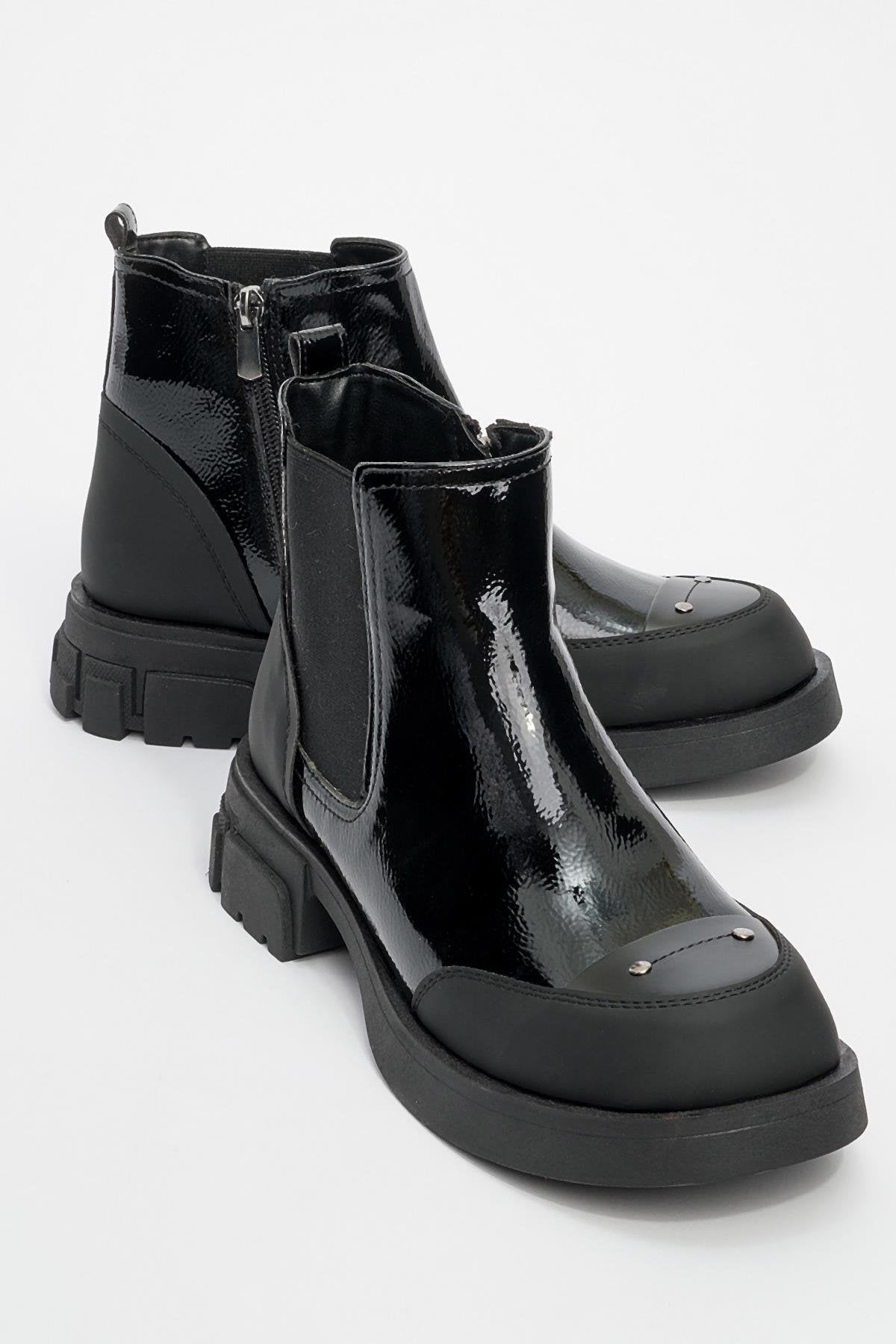 Albia - Black Zippered Elastic Boot – front three-quarter view showing leather, black, red, Vowalisse