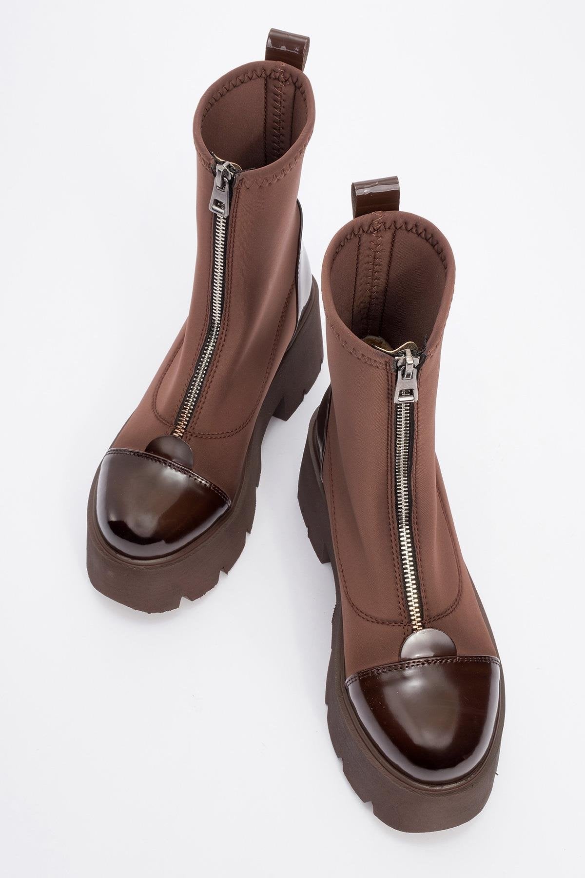 Bray Brown Patent Chunky Boot – side view showing leather, red, Vowalisse
