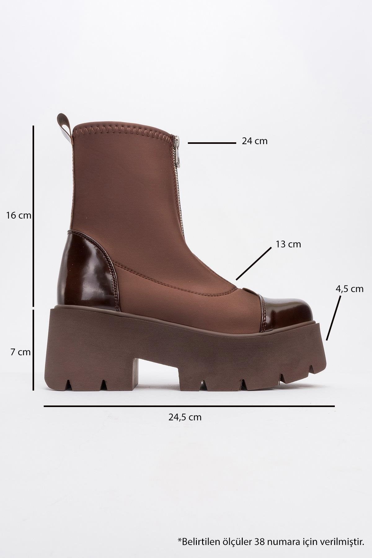 Bray Brown Patent Chunky Boot – heel view showing leather, red, Vowalisse