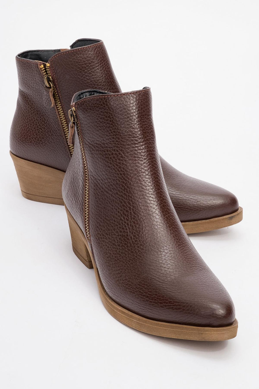 JAYER Brown Leather Double-Zip Block Heel Boot