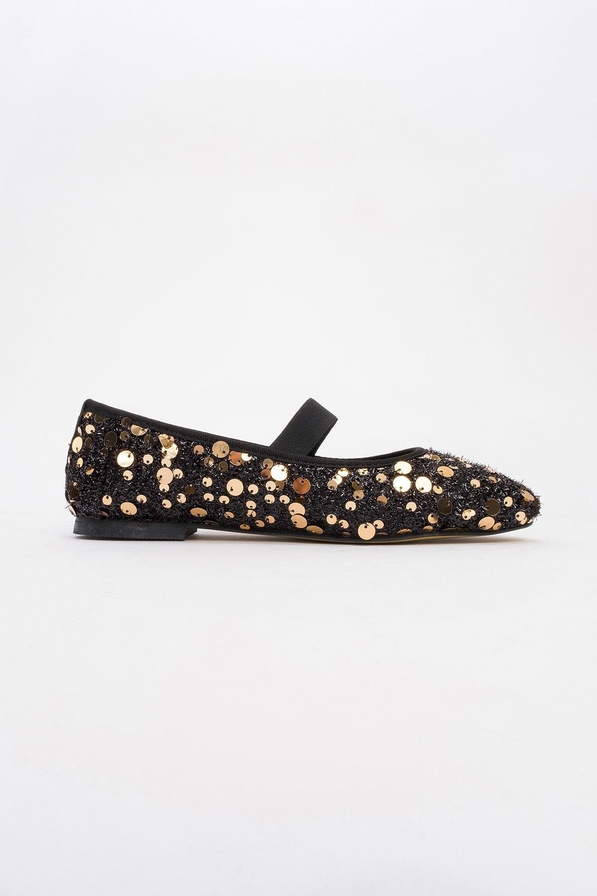 Grego Gold Sequin Embellished Flat – heel view showing leather, sequin, gold, Vowalisse