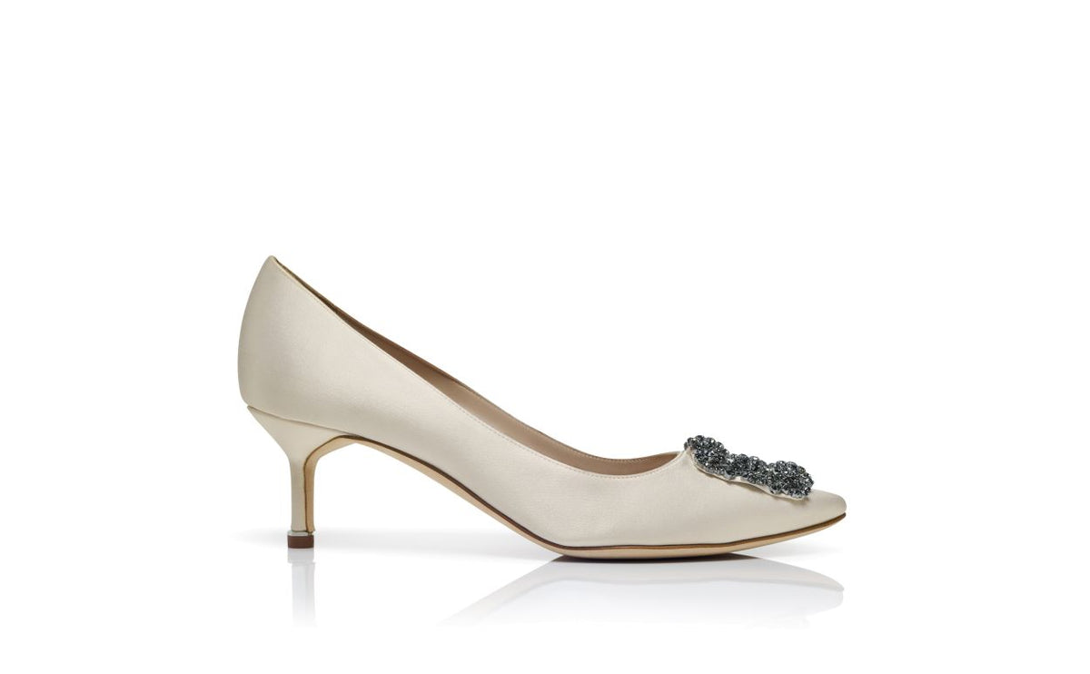 Juliette Rose White Jewel Buckle Pumps – side profile showing white jewel buckle, crystal buckle, almond toe, satin…