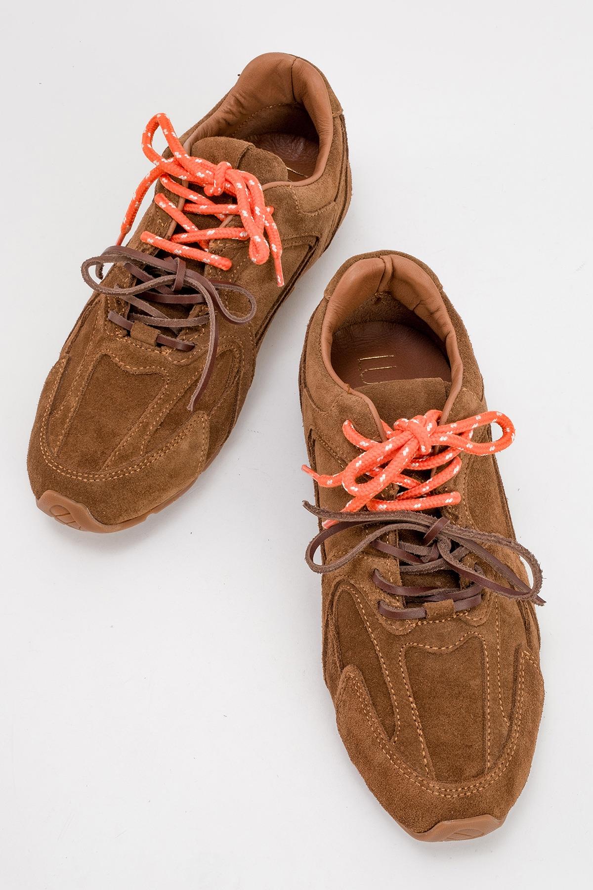 Selena - Cognac Brown Suede Leather Sneakers – side view showing leather, suede, red, Vowalisse